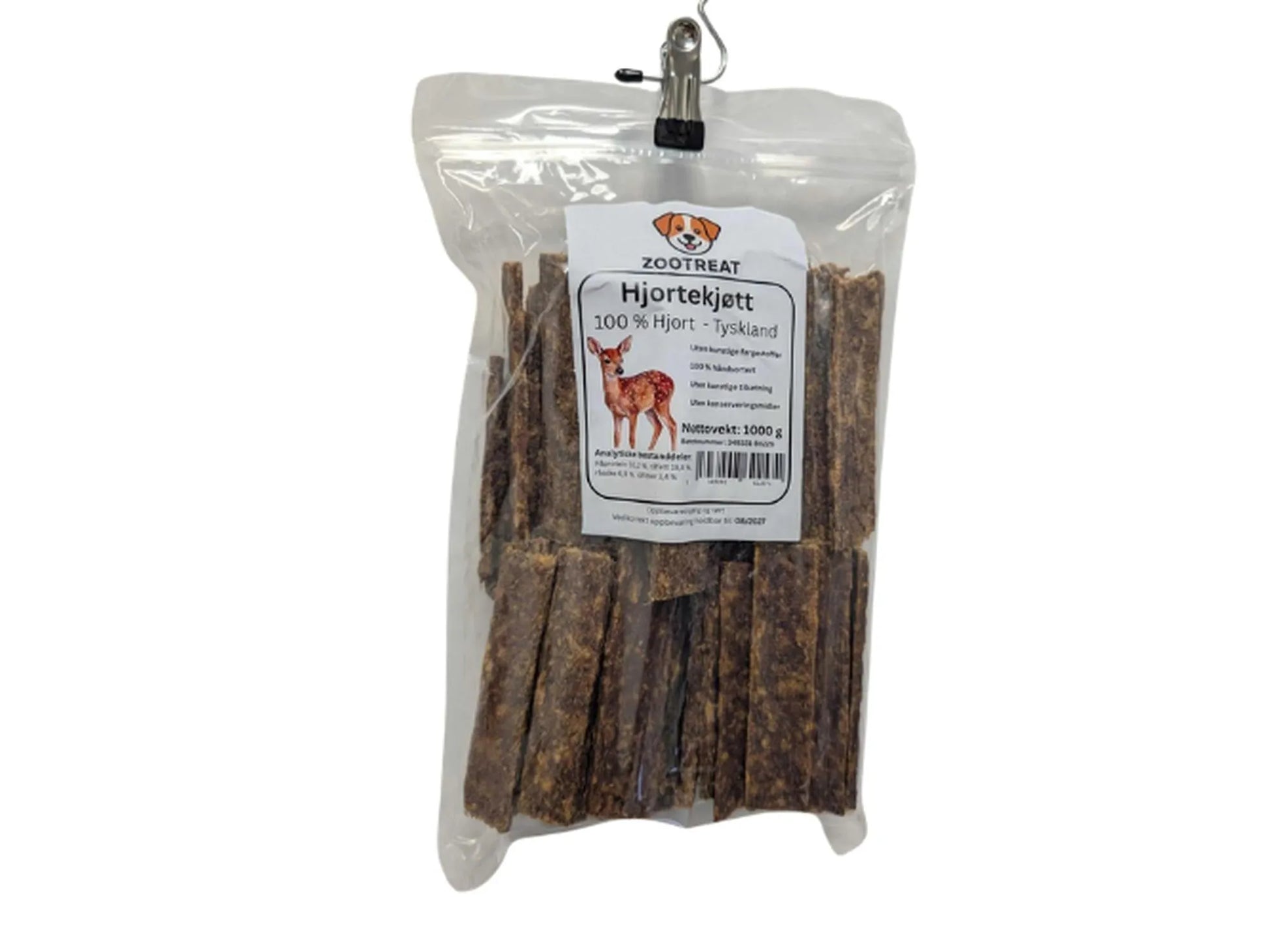 Gjennomsiktig pose med mørkebrune hjortekjøttstrimler til hund, 1000g, fra Zootreat.