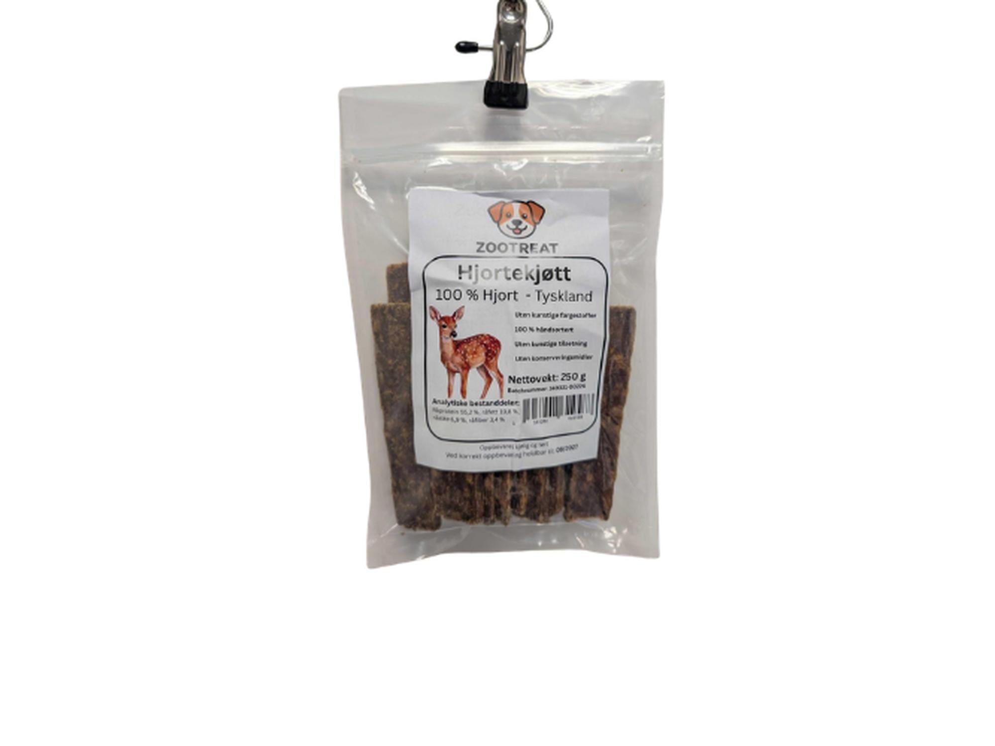Zootreat hjortekjøtt strimler til hund i en klar pose, med en etikett som viser en hjort og produktinfo.