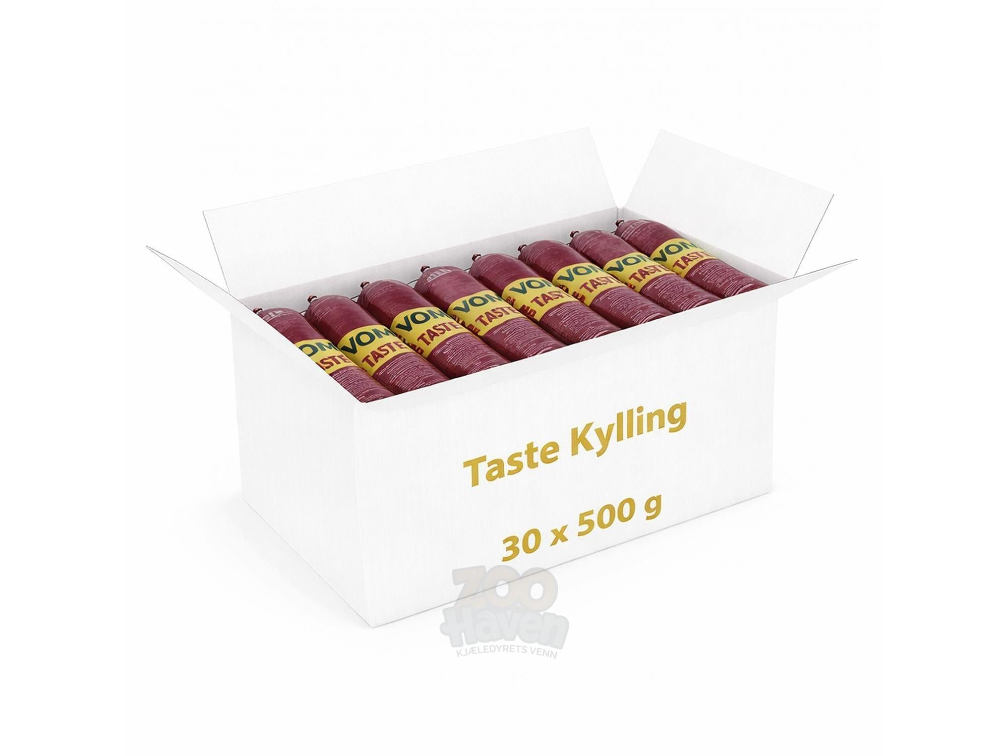 Hvit eske med 30 x 500g pølser av Vom Taste 100% Kylling råfôr for hund, med rød emballasje.