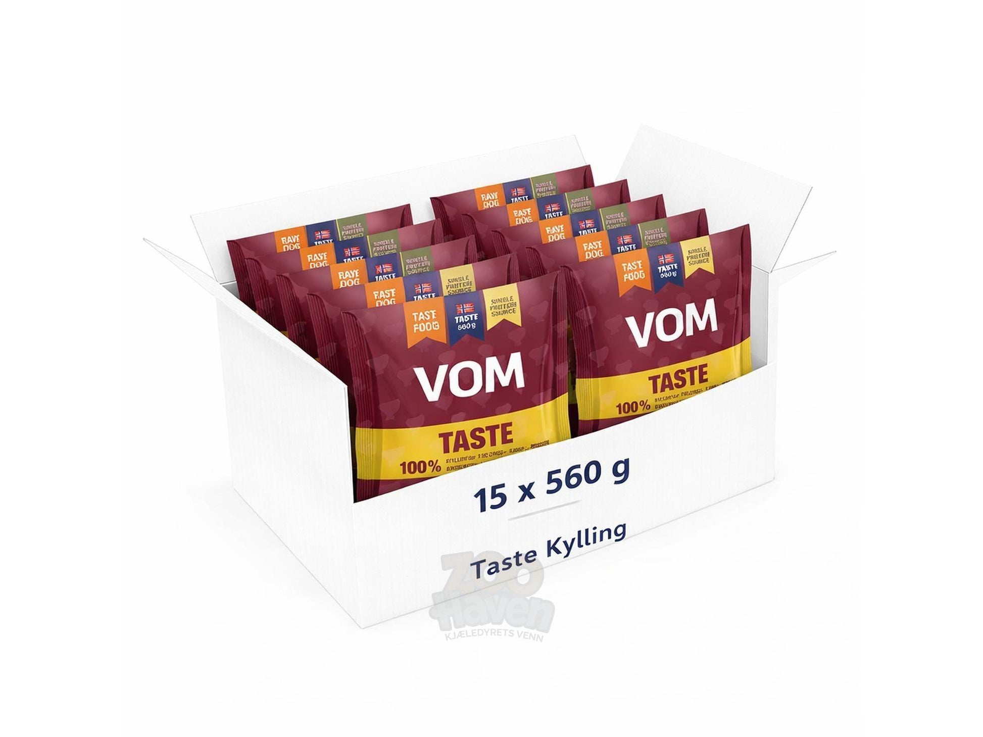 En hvit pappeske med 15 mørkerøde VOM TASTE 100% Kylling hundefôrposer, hver på 560g.