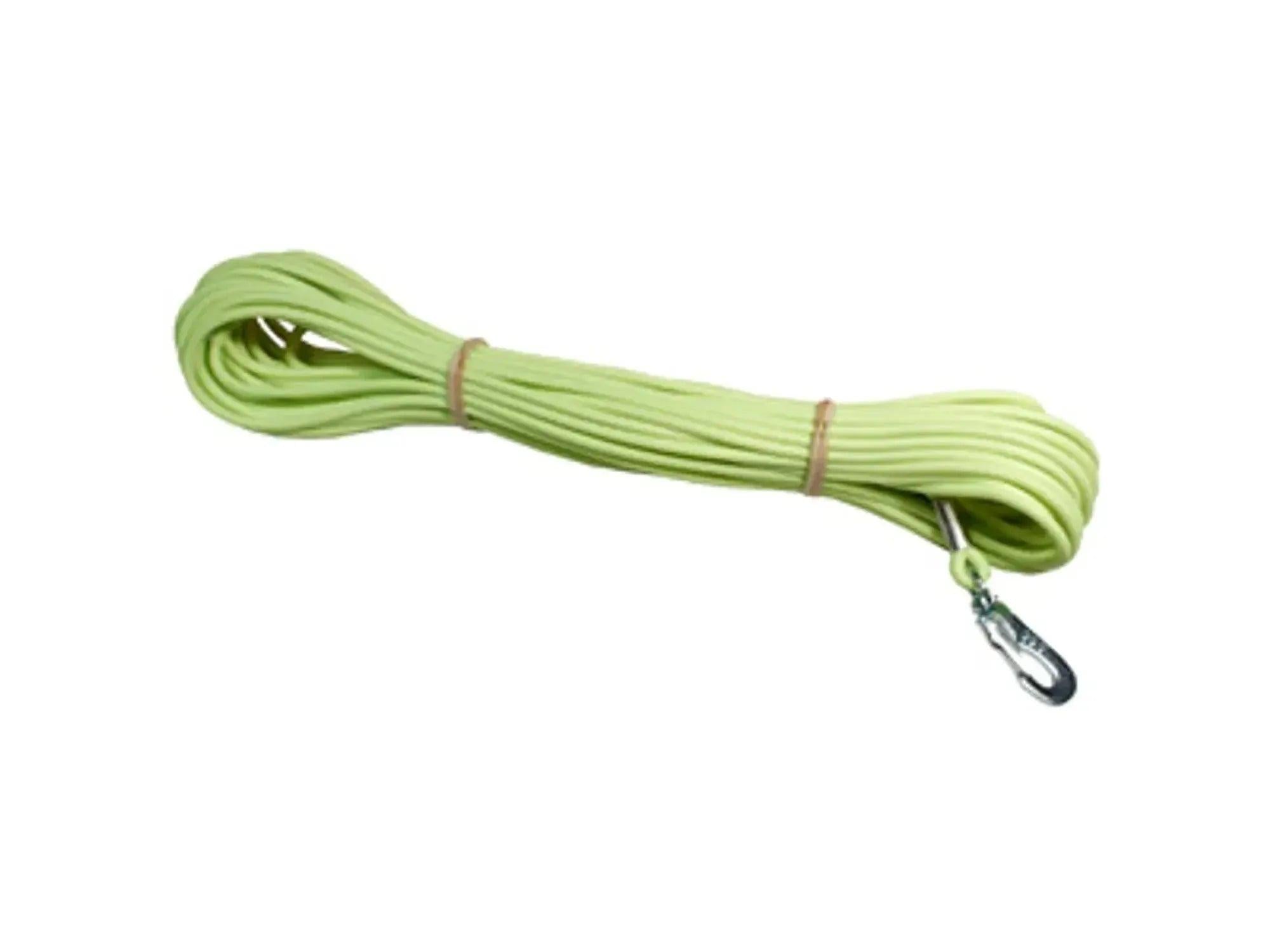 Gul ALAC Sporline, 15 meter lang og 4 mm tykk, med metallkarabinkrok.