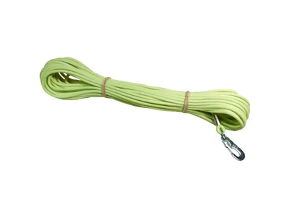 Gul ALAC Sporline, 15 meter lang og 4 mm tykk, med metallkarabinkrok.