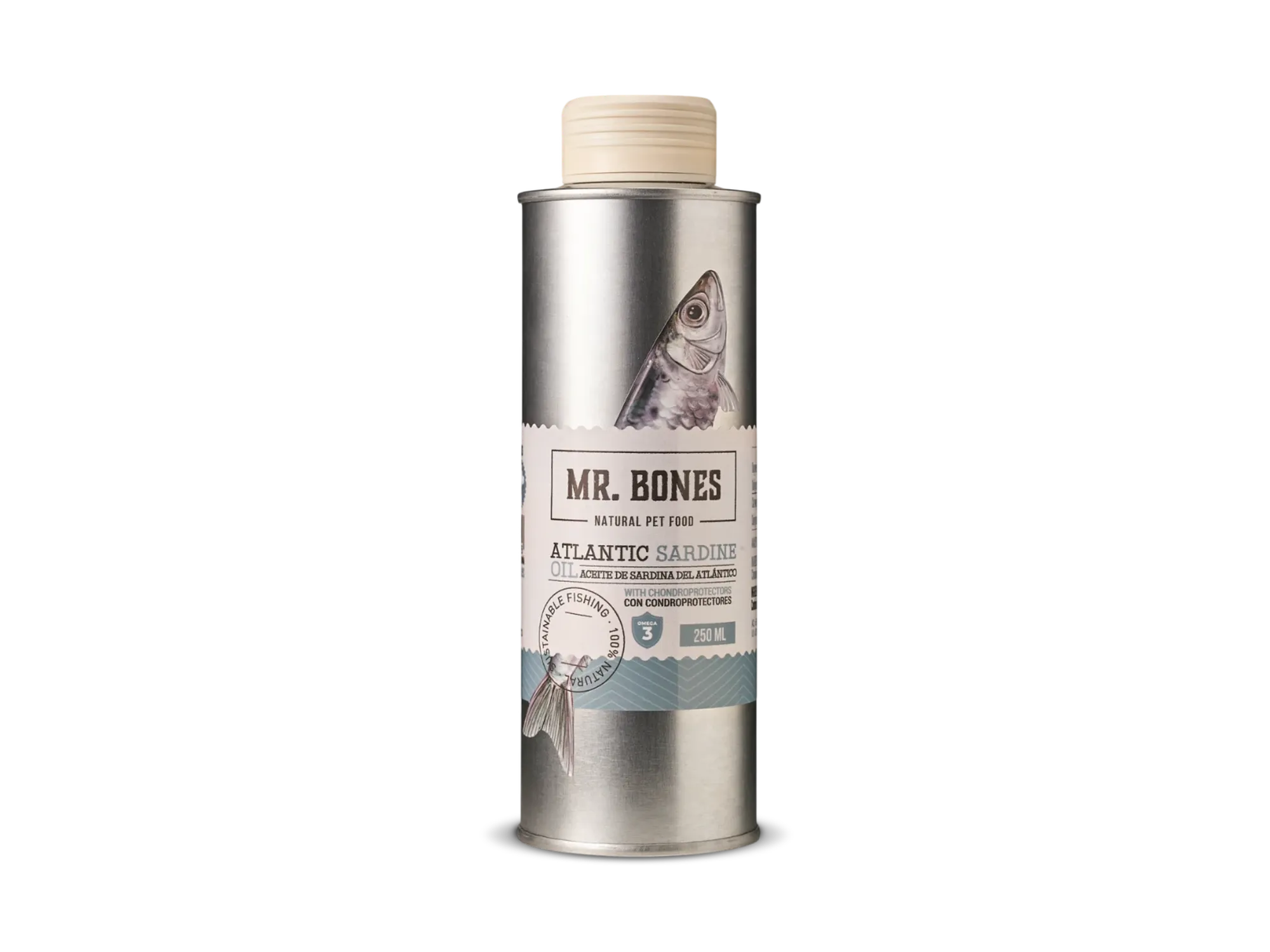Mr. Bones Sardinolje med kondrobeskyttere – naturlig tilskudd til hund og katt, 250 ml