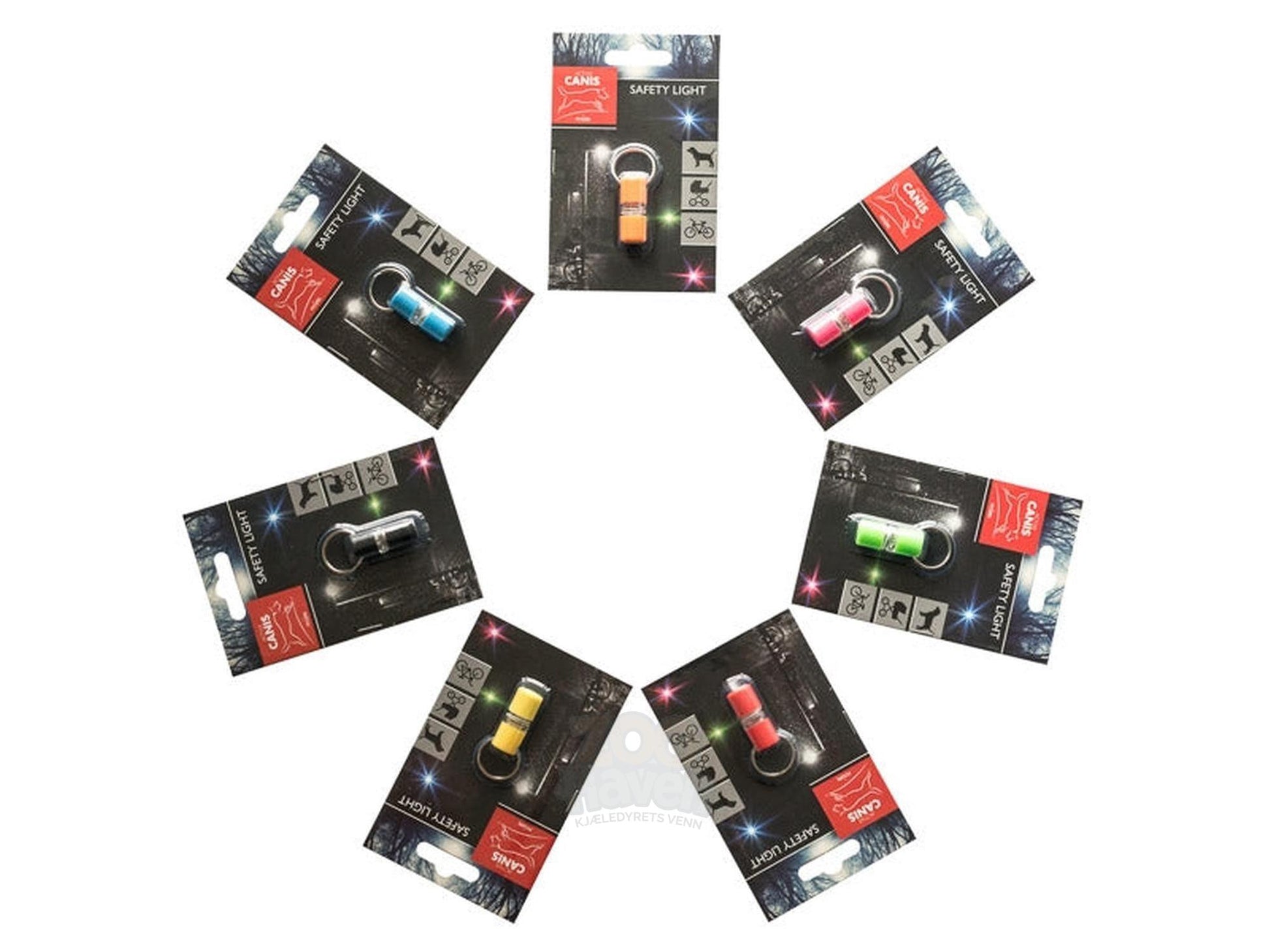 Seks Active Canis Mini LED sikkerhetslys i ulike farger (blå, rosa, grønn, gul, rød, svart) på emballasje.