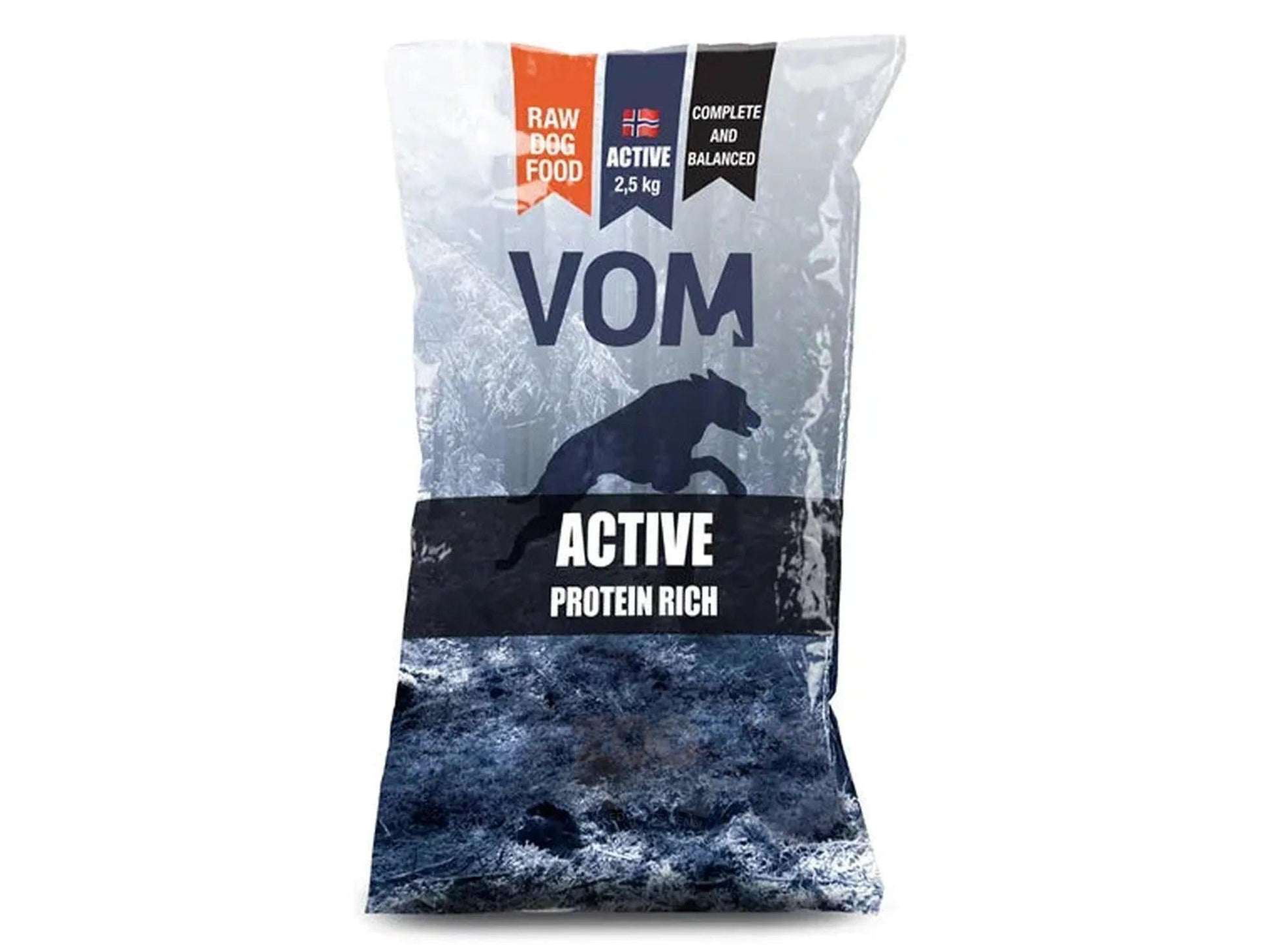 VOM ACTIVE Proteinrikt hundefôr i 2,5 kg pose med løpende hundemotiv og norske flaggdetaljer.