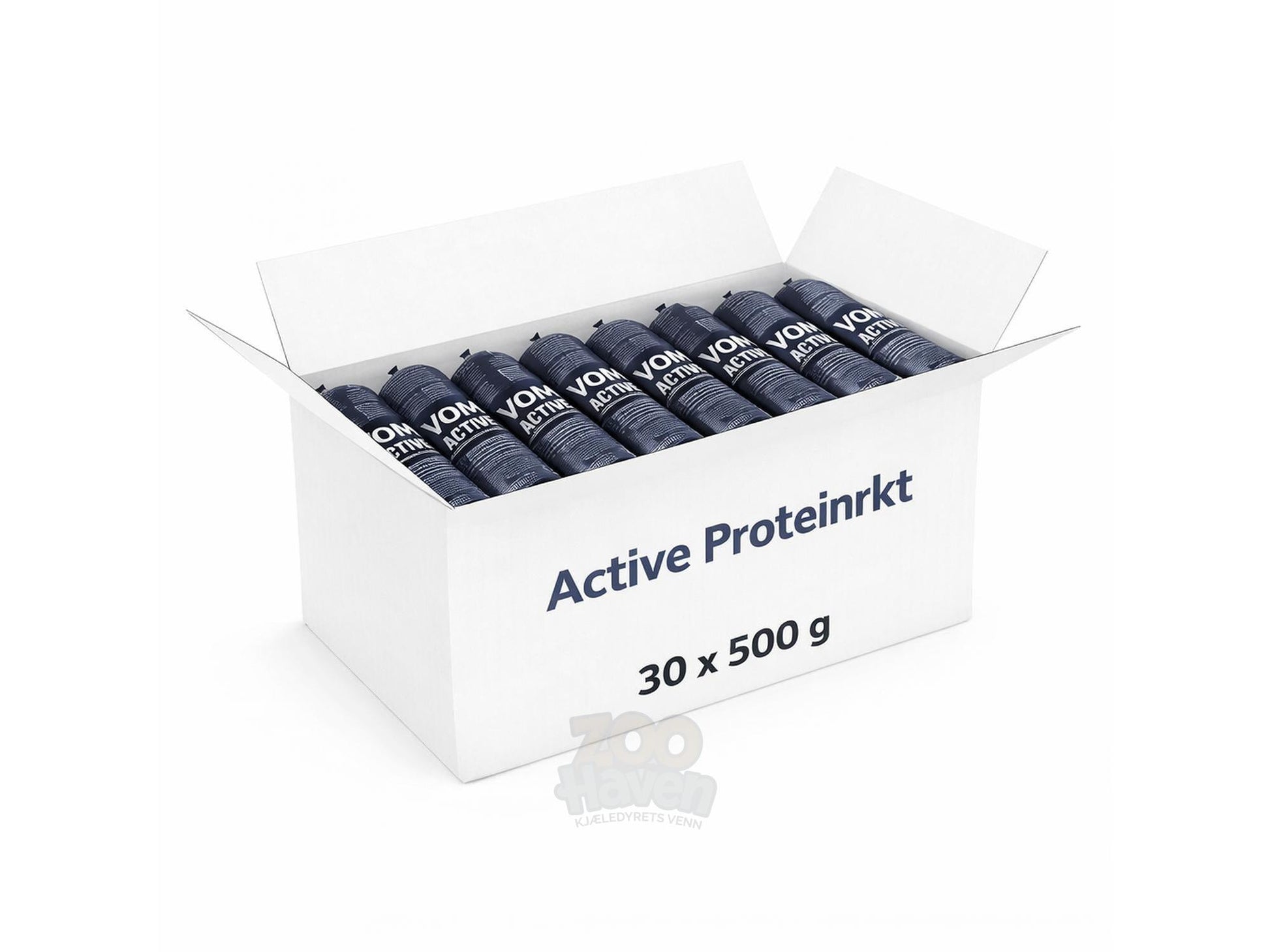 Hvit pappeske med 30 mørkeblå 500g pakker med Vom Active Proteinrikt hundefôr.