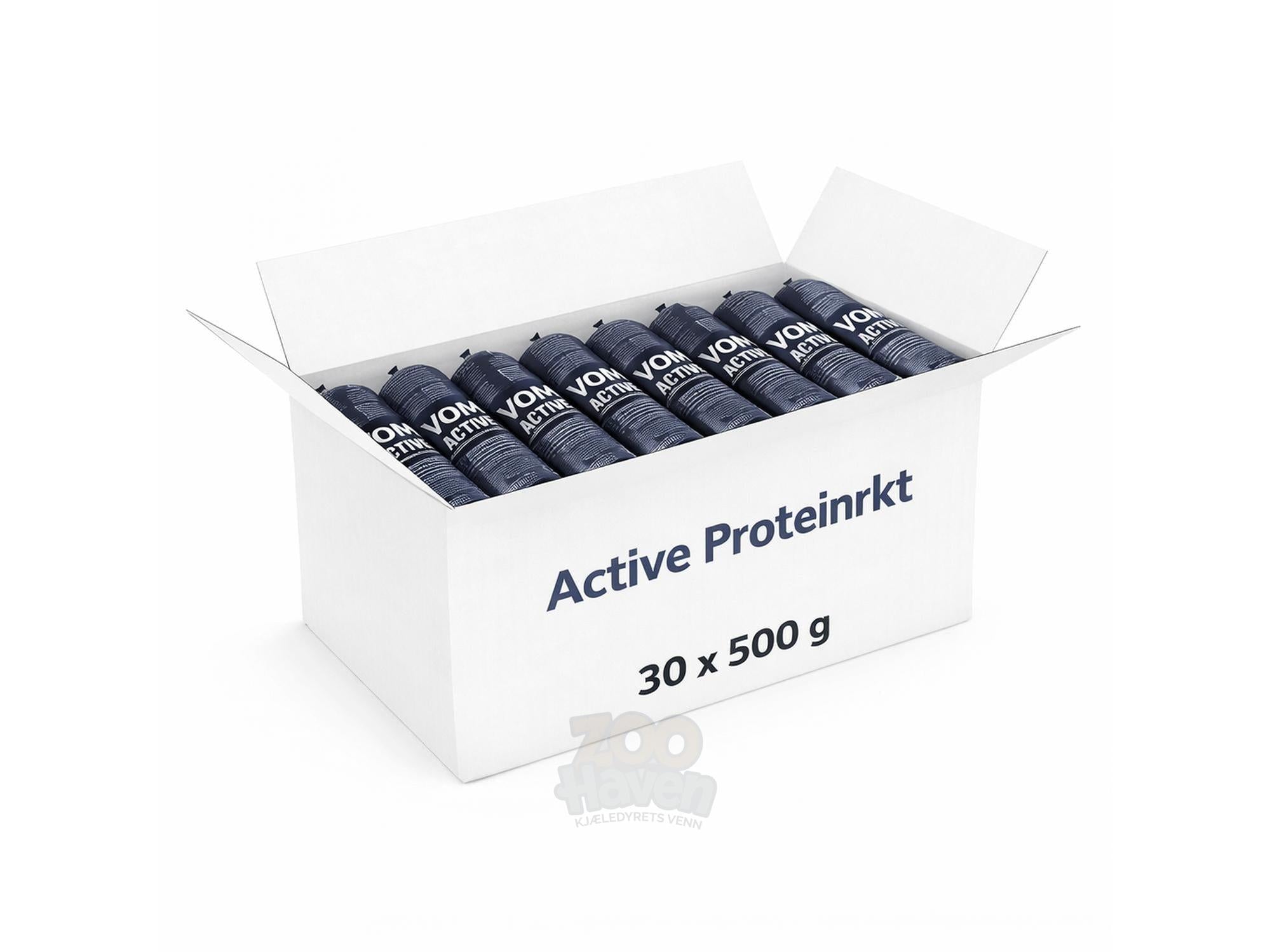 Hvit pappeske med 30 mørkeblå 500g pakker med Vom Active Proteinrikt hundefôr.