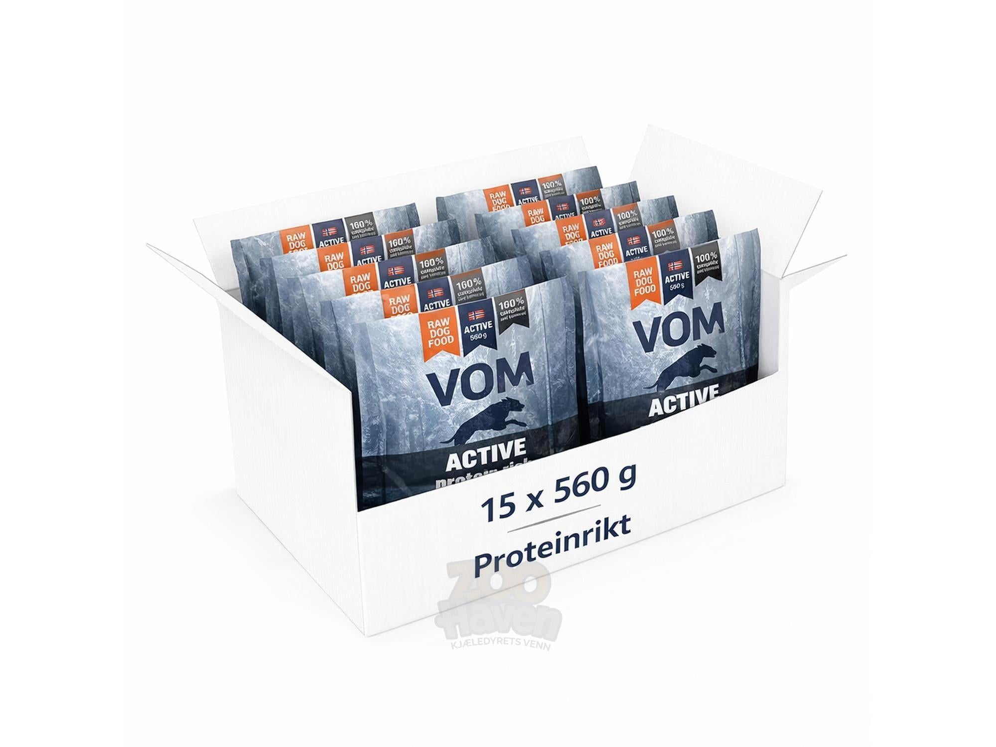 White display box with 15 dark grey 560g VOM ACTIVE Proteinrikt raw dog food pouches.