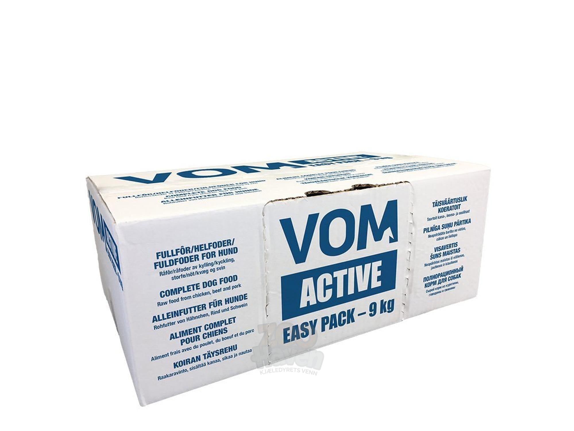 White cardboard box of Vom Active Easy Pack 9 kg dog food, with blue text and multi-language labels.