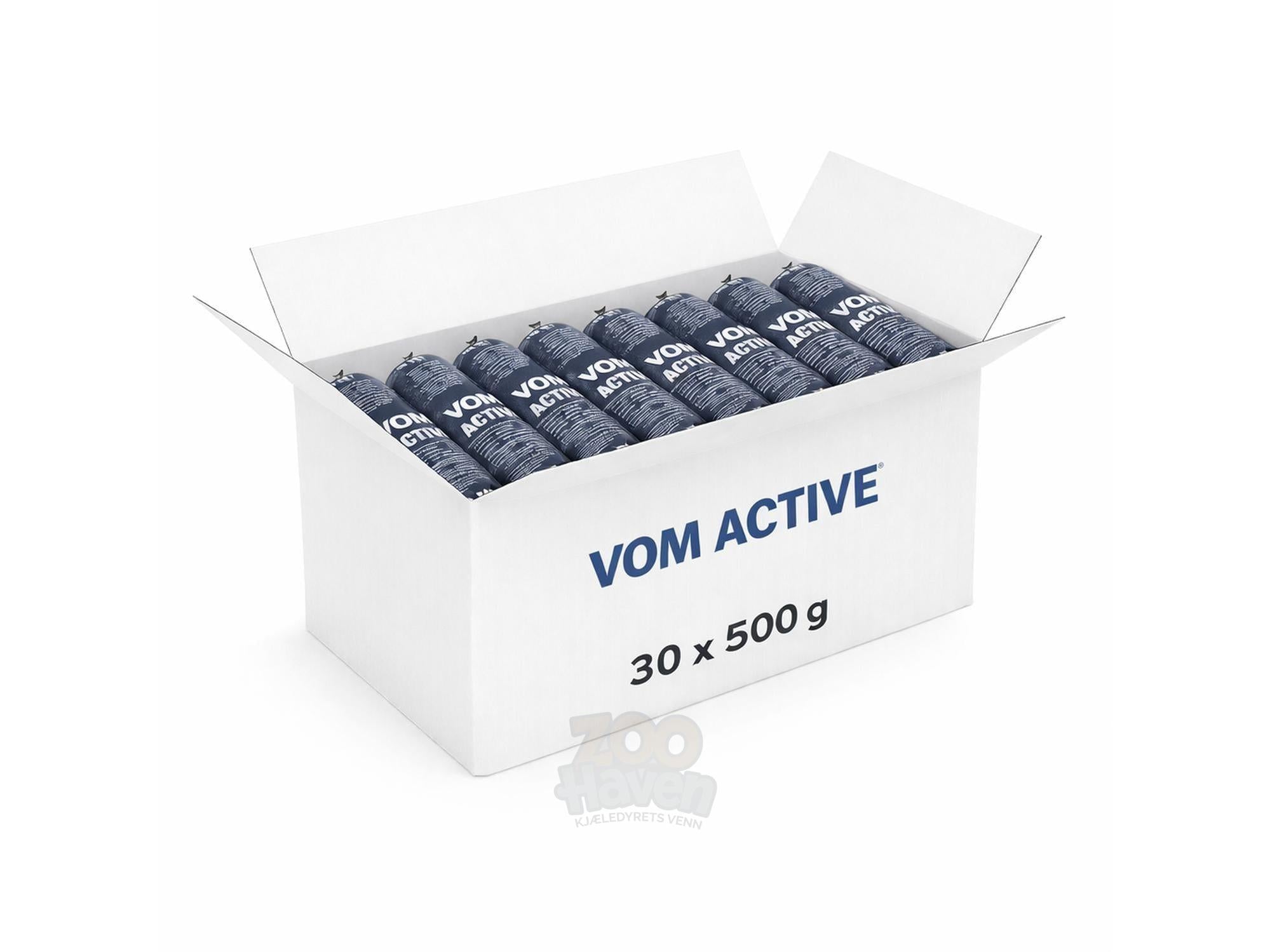 VOM ACTIVE hundefôr, 30 x 500g pakker i en hvit pappeske.