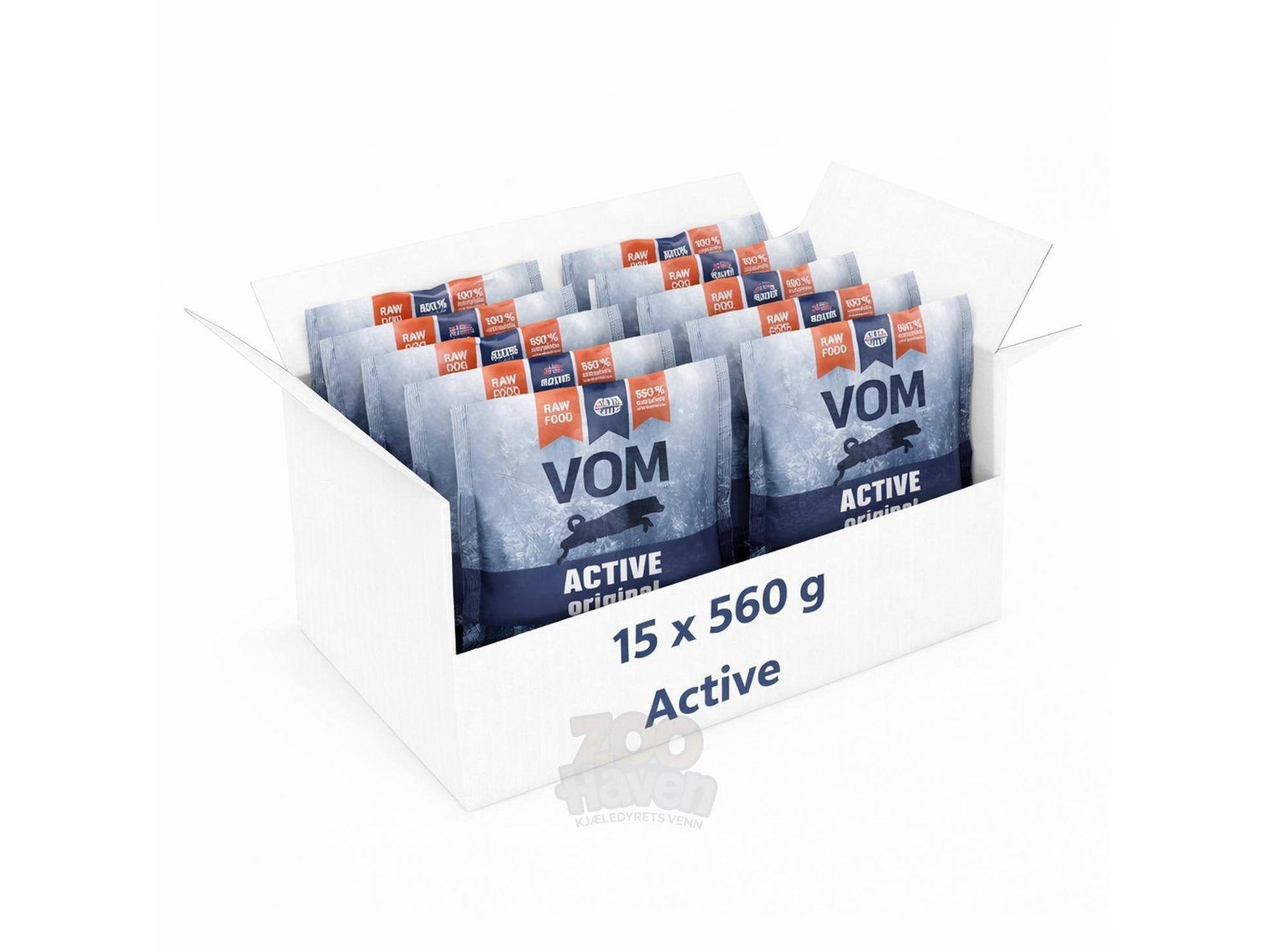 Hvit pappeske med 15 pakker Vom og Hundemat ACTIVE fullfôr, 560g hver, med blått design og hundesilhuett.