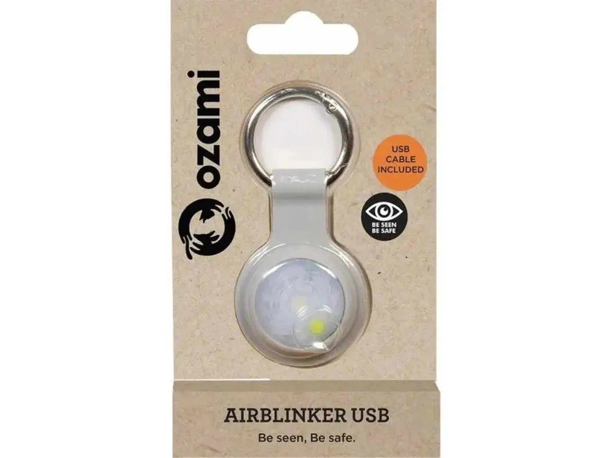 Grå Airblinker LED-lykt i silikon med metallring, pakket på brun kartong.