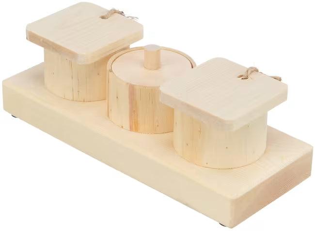 Lys tre aktiviseringsleke med tre snackkopper, to med firkantede lokk og en med rundt lokk.