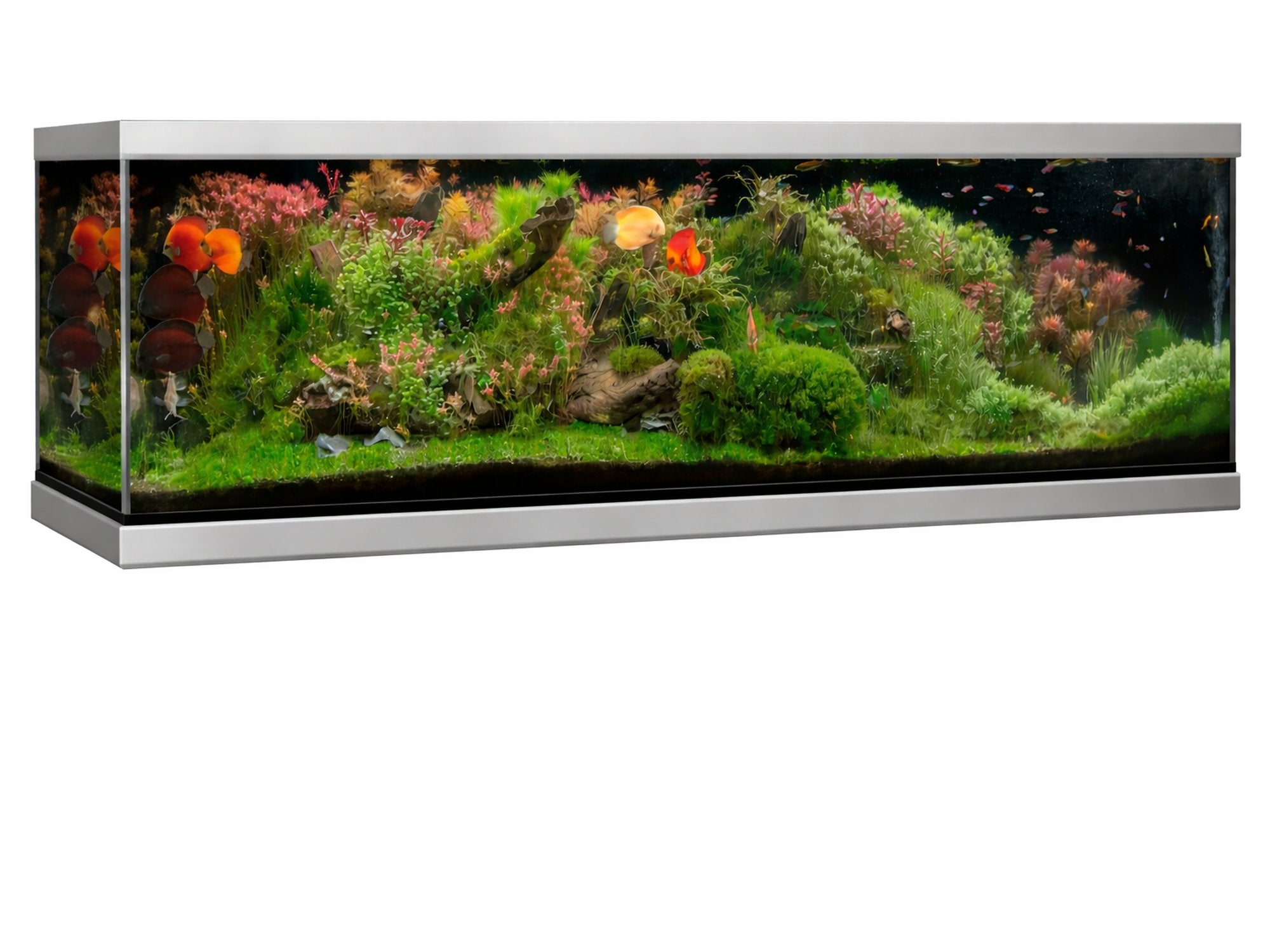 AkvaStabil FUSION akvarium med sølvfargede aluminiumsprofiler, ferskvannsplanter og fargerike fisker.