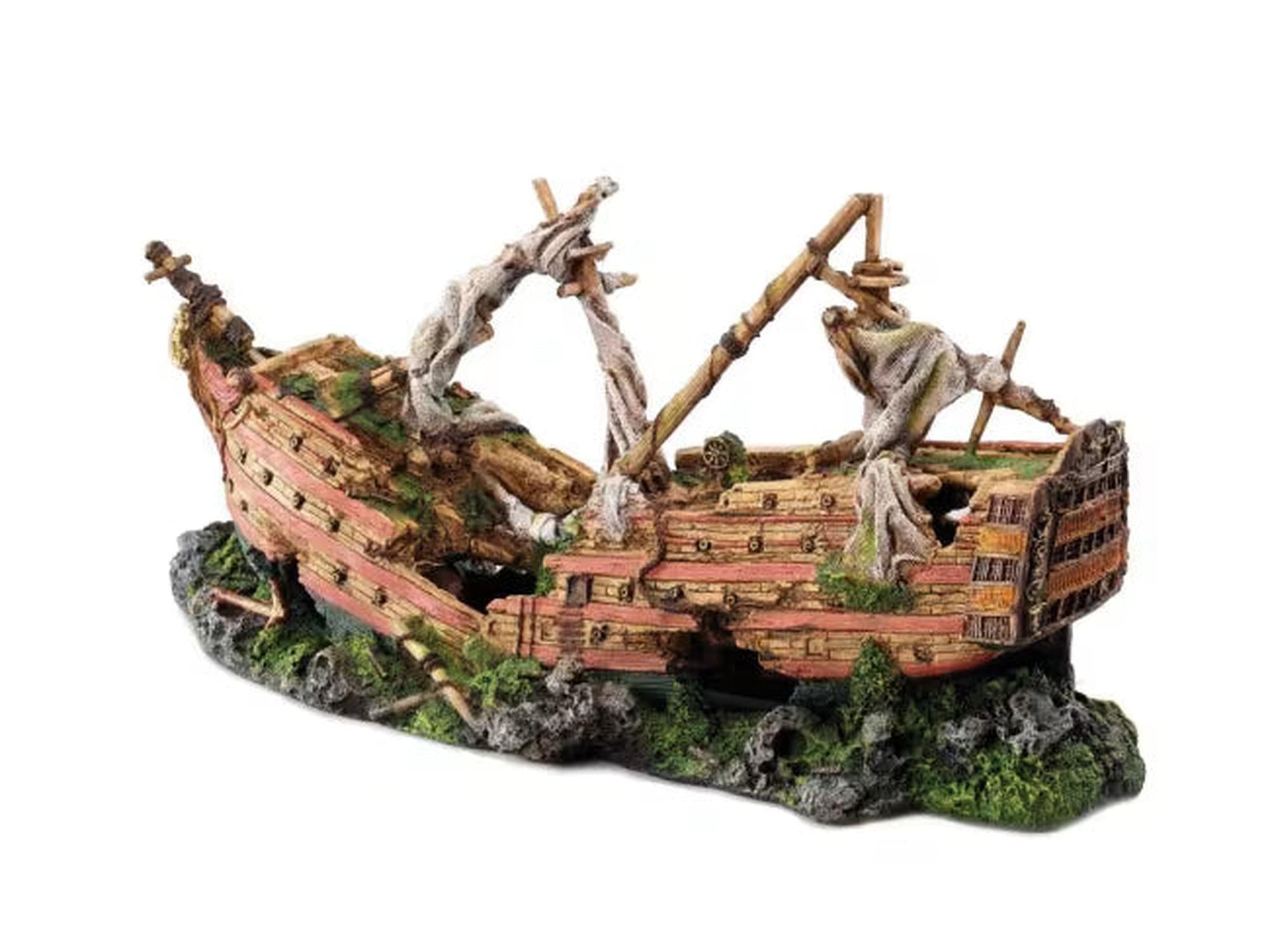 Detaljert, forlist galeon skipsvrak i brunt og grønt, 73 cm, for akvariedekorasjon.