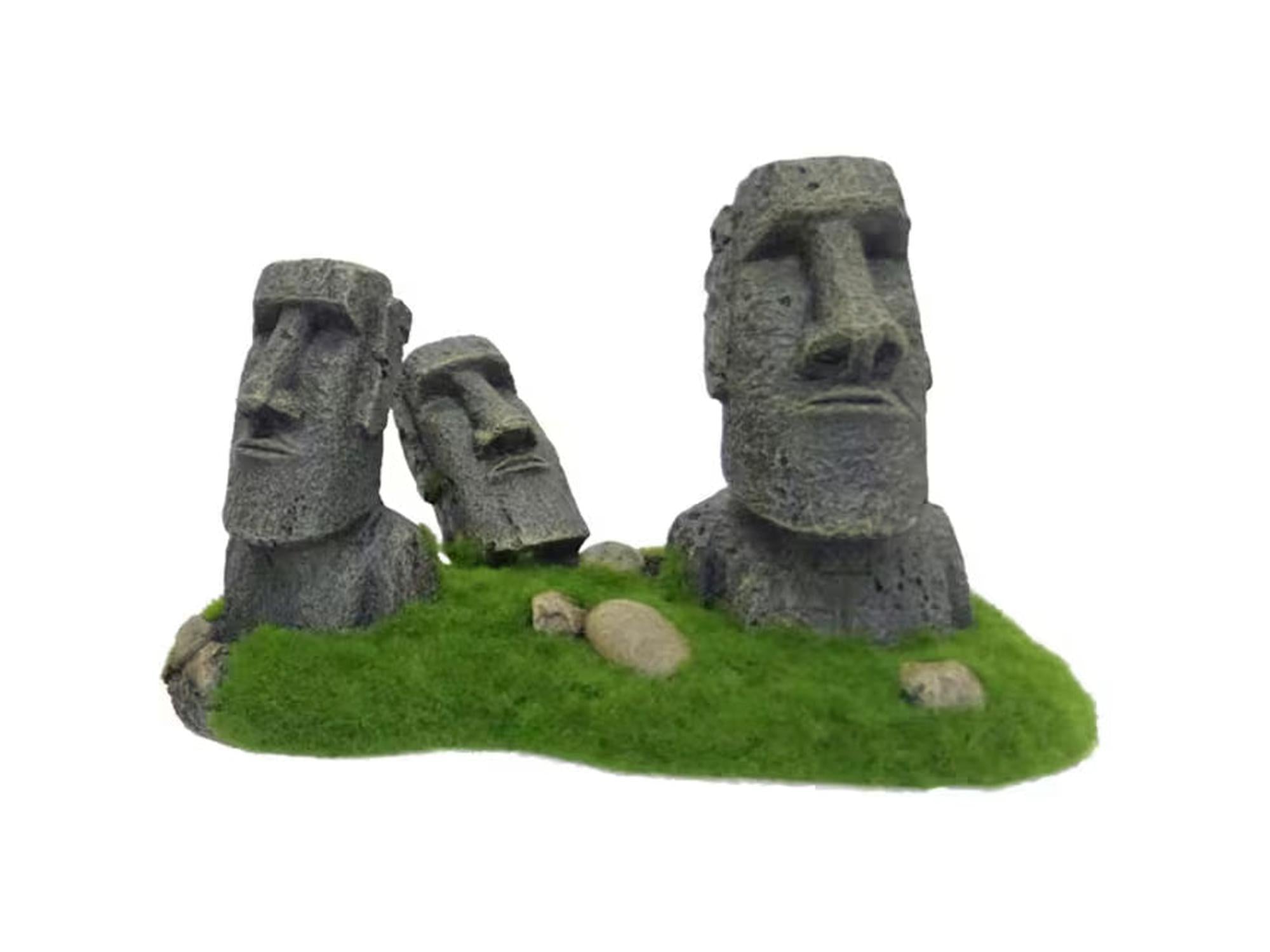 Grå Moai-statuer i resin med grønt kunstgress for akvariedekorasjon, 21x12x13 cm.