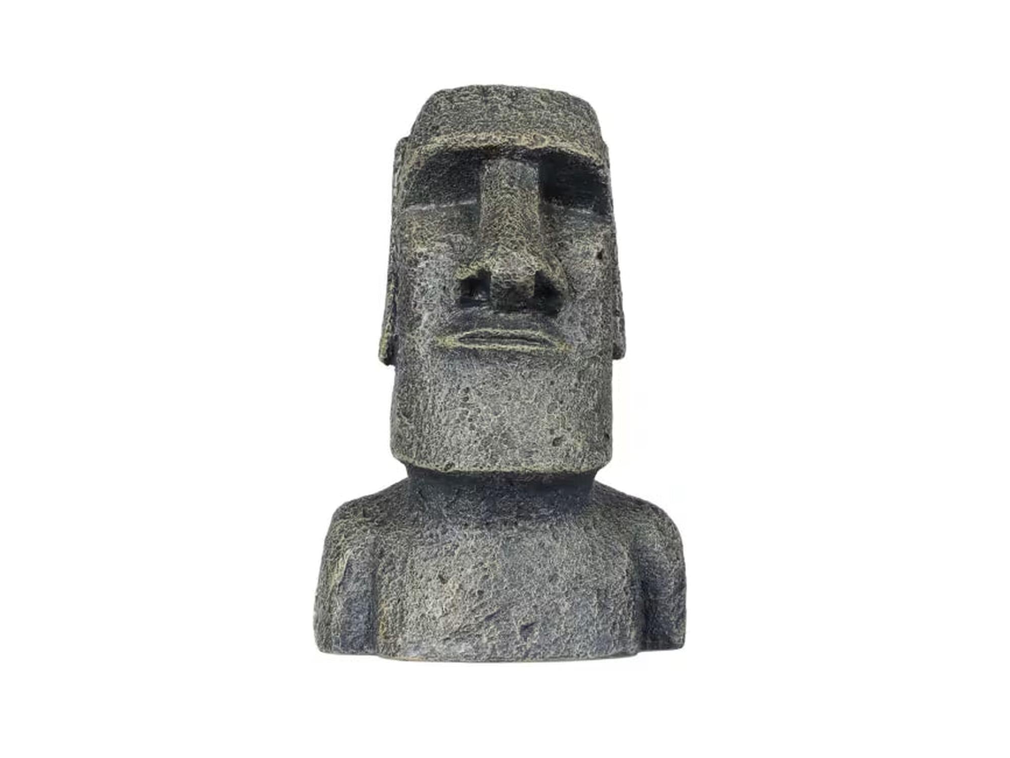 Grå, teksturert Moai-statue fra Påskeøya, 17 cm høy, for akvariedekorasjon.