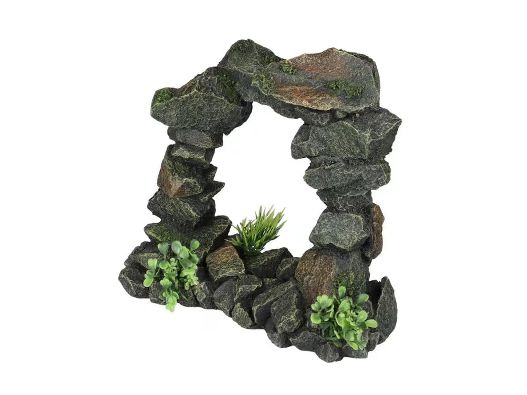 Naturlig grågrønn steinbue akvariedekorasjon med buet åpning og grønne planter, 27x13x25 cm.