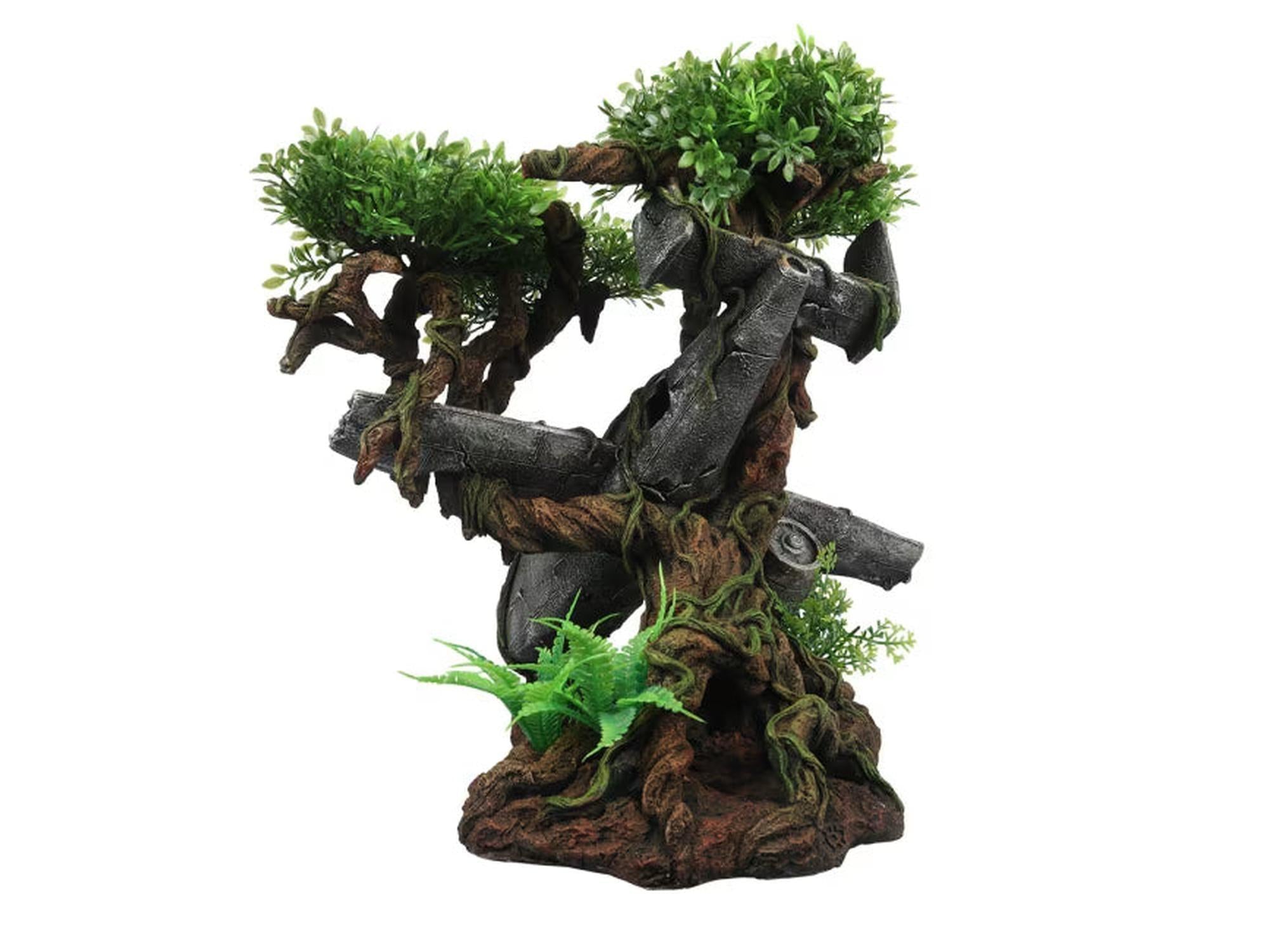 Akvariepynte flyvrak i buske med plastikkplanter, 26x24x27,5 cm, grå og grønn dekorasjon.
