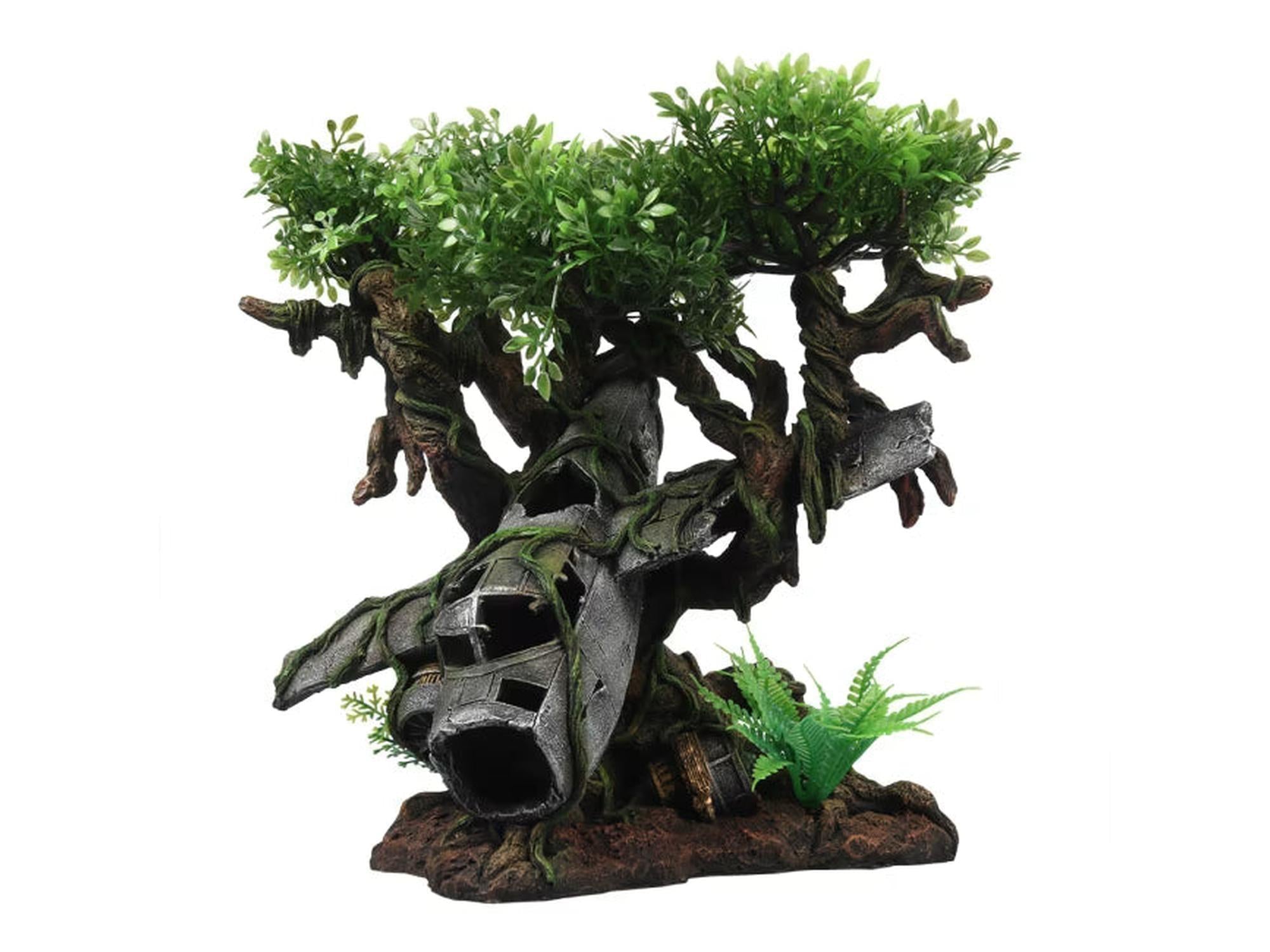 Akvariepynte flyvrak i buske med plastikkplanter, 26x24x27,5 cm, for akvarium.
