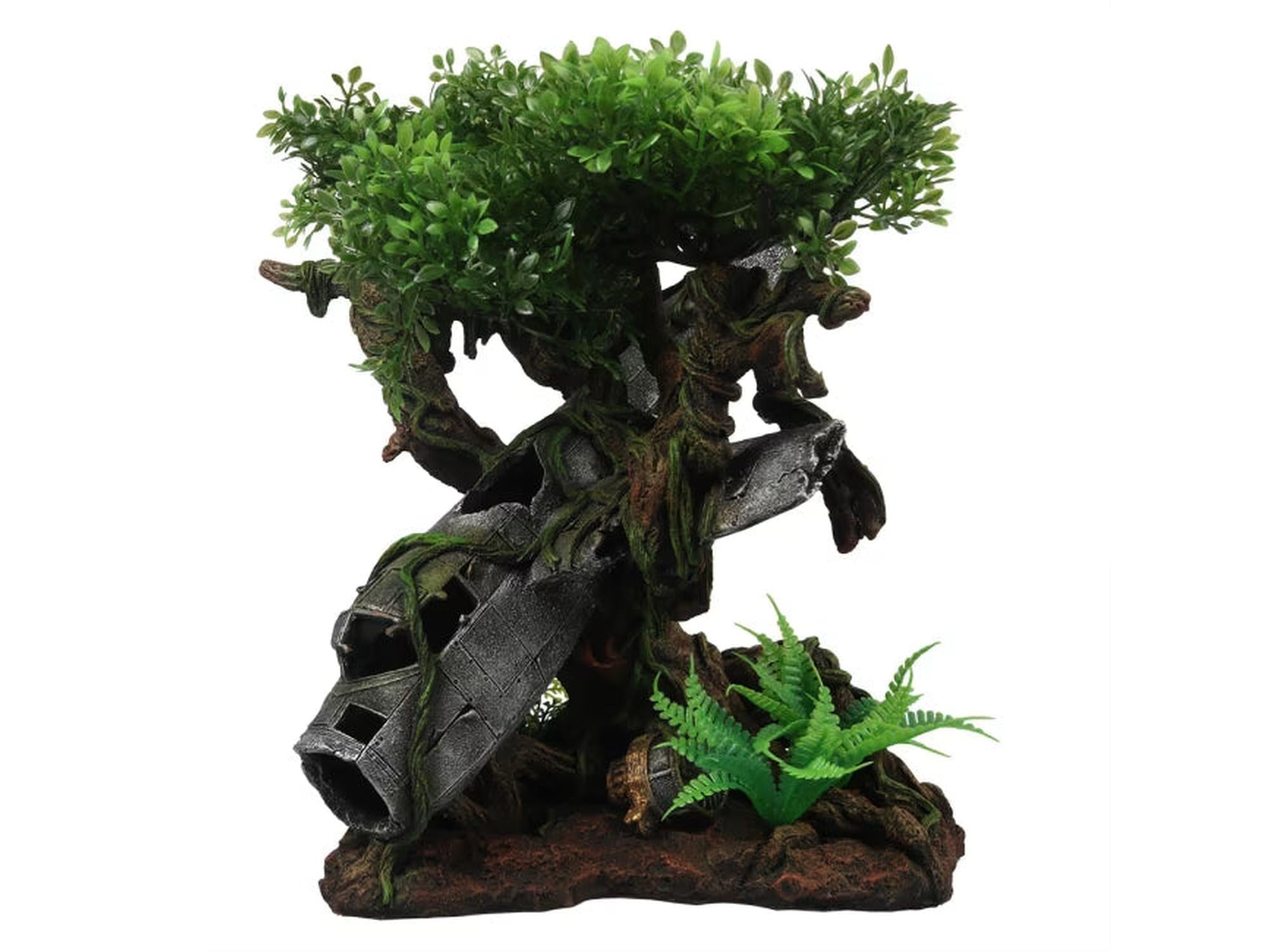 Akvariepynte flyvrak i buske med grå vrakdeler og grønne plastikkplanter, 26x24x27,5 cm.