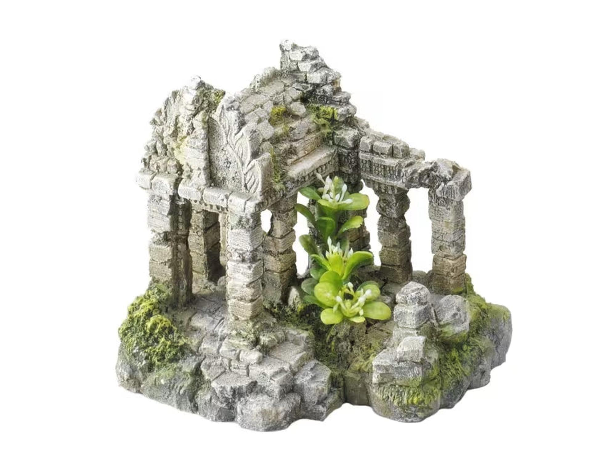 Grå akvariepynte ruin med grønne planter, 17x13,3x15 cm, for skjul og dekorasjon.
