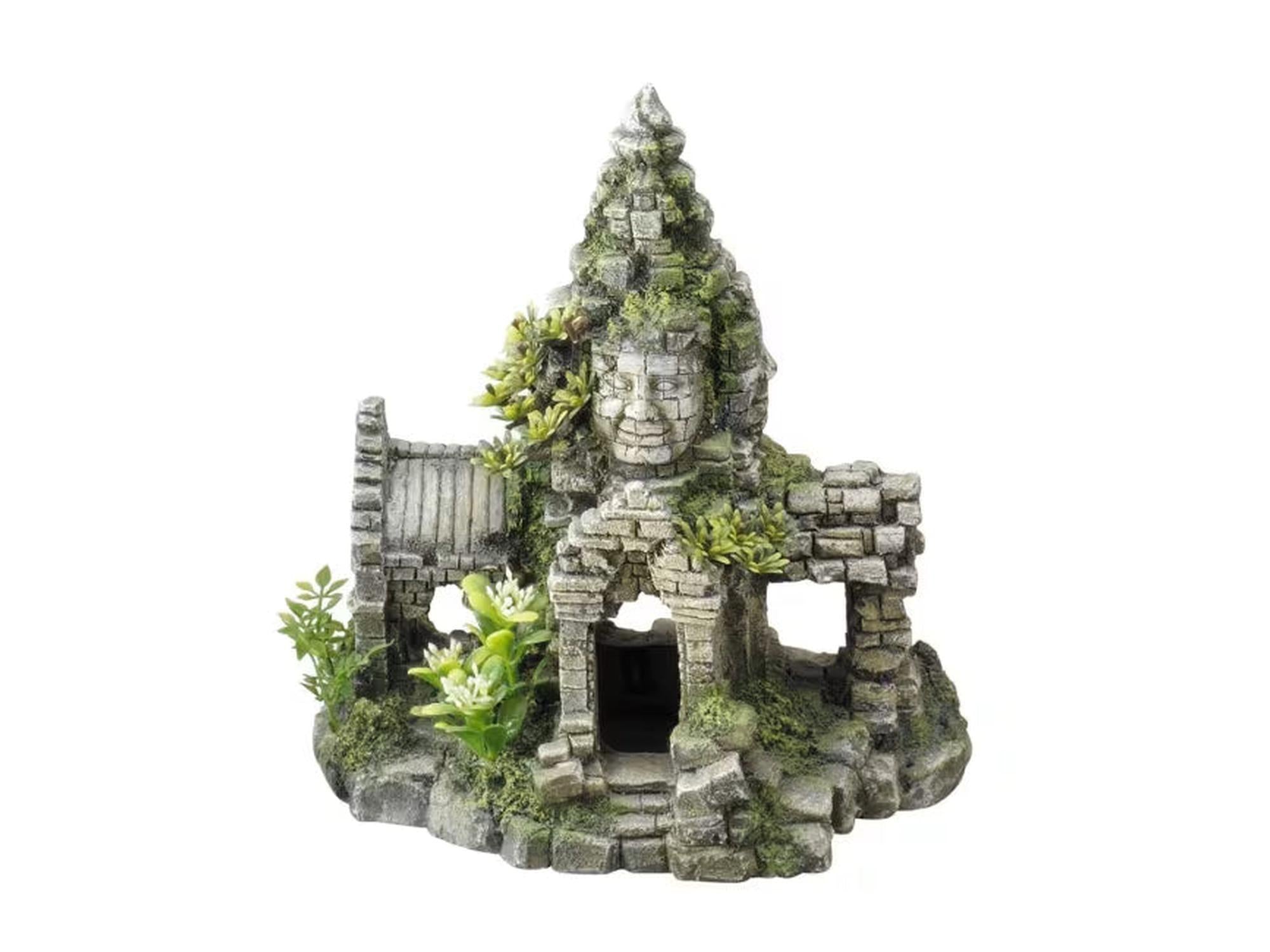 Grå akvariepynte ruin med grønne planter og ansiktsutskjæring, 24x16,7x24,5 cm.