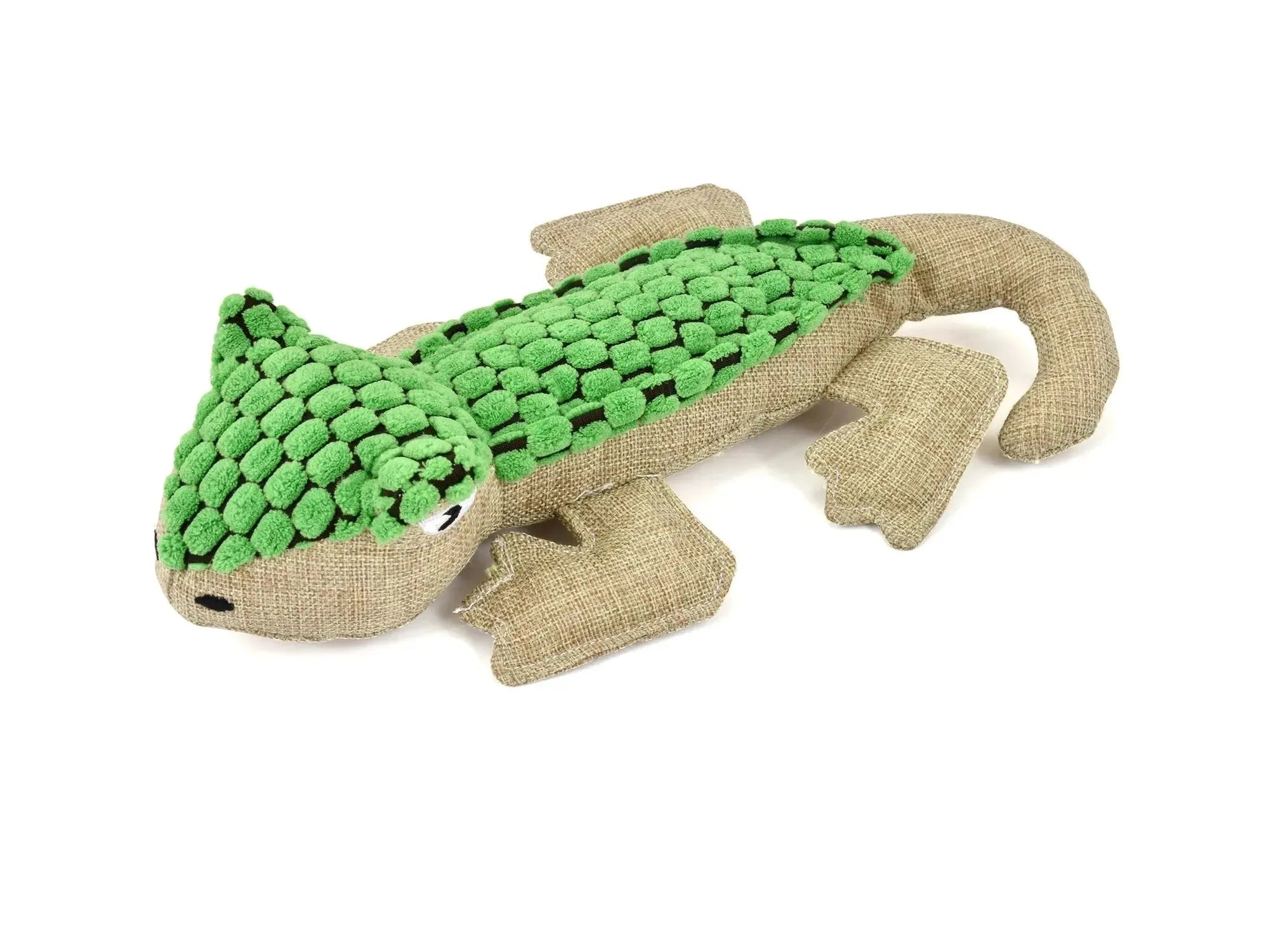 Grønn og brun plysj øgle hundeleke med teksturerte knopper og lyd, 30 cm.