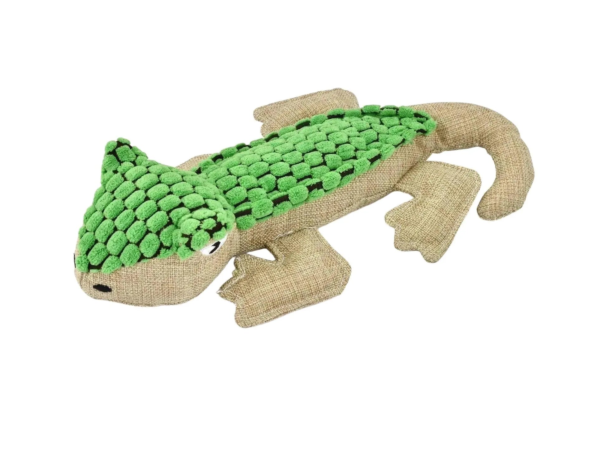 Grønn og brun plysj øgle hundeleke med teksturerte knopper og lyd, 30 cm.