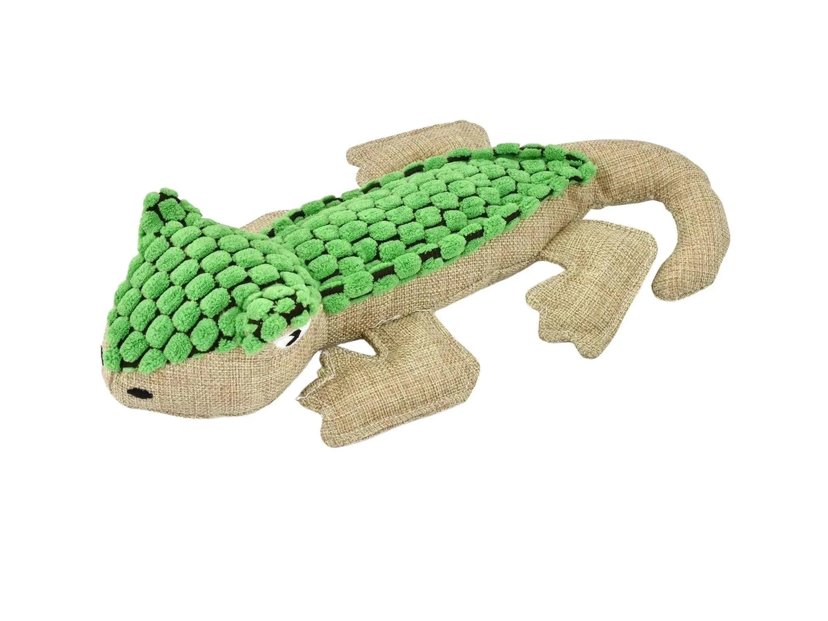 Grønn og brun plysj øgle hundeleke med teksturerte knopper og lyd, 30 cm.