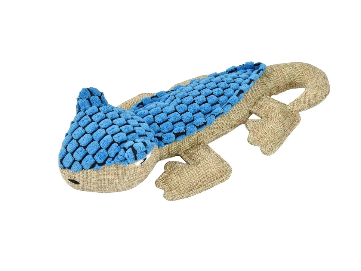 Alberto Lizard hundeleke i plysj, 30 cm. Brun øgle med blå, teksturert rygg og lyd.