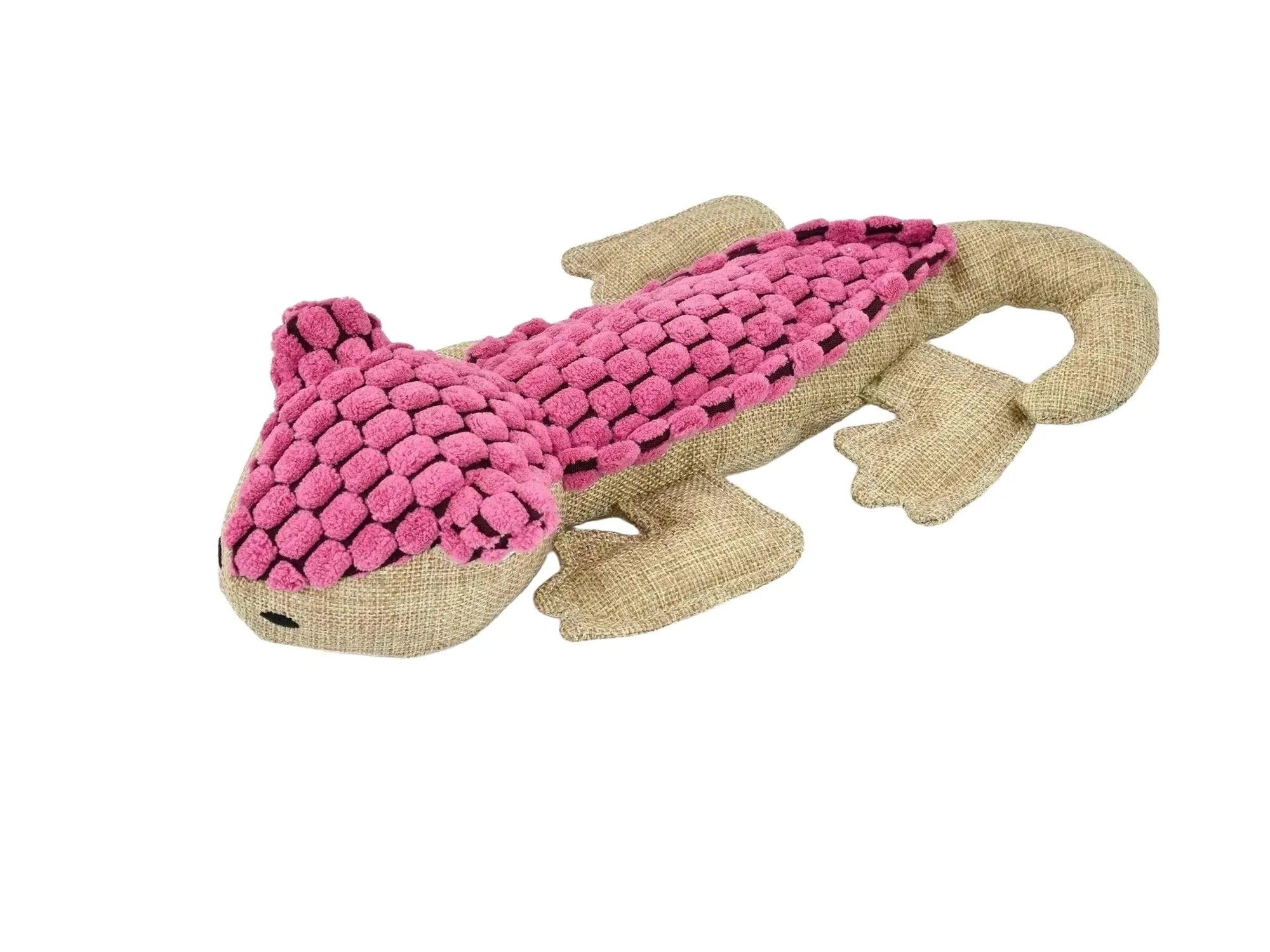 Rosa og beige plysj øgle hundeleke med teksturert rygg, 30 cm.