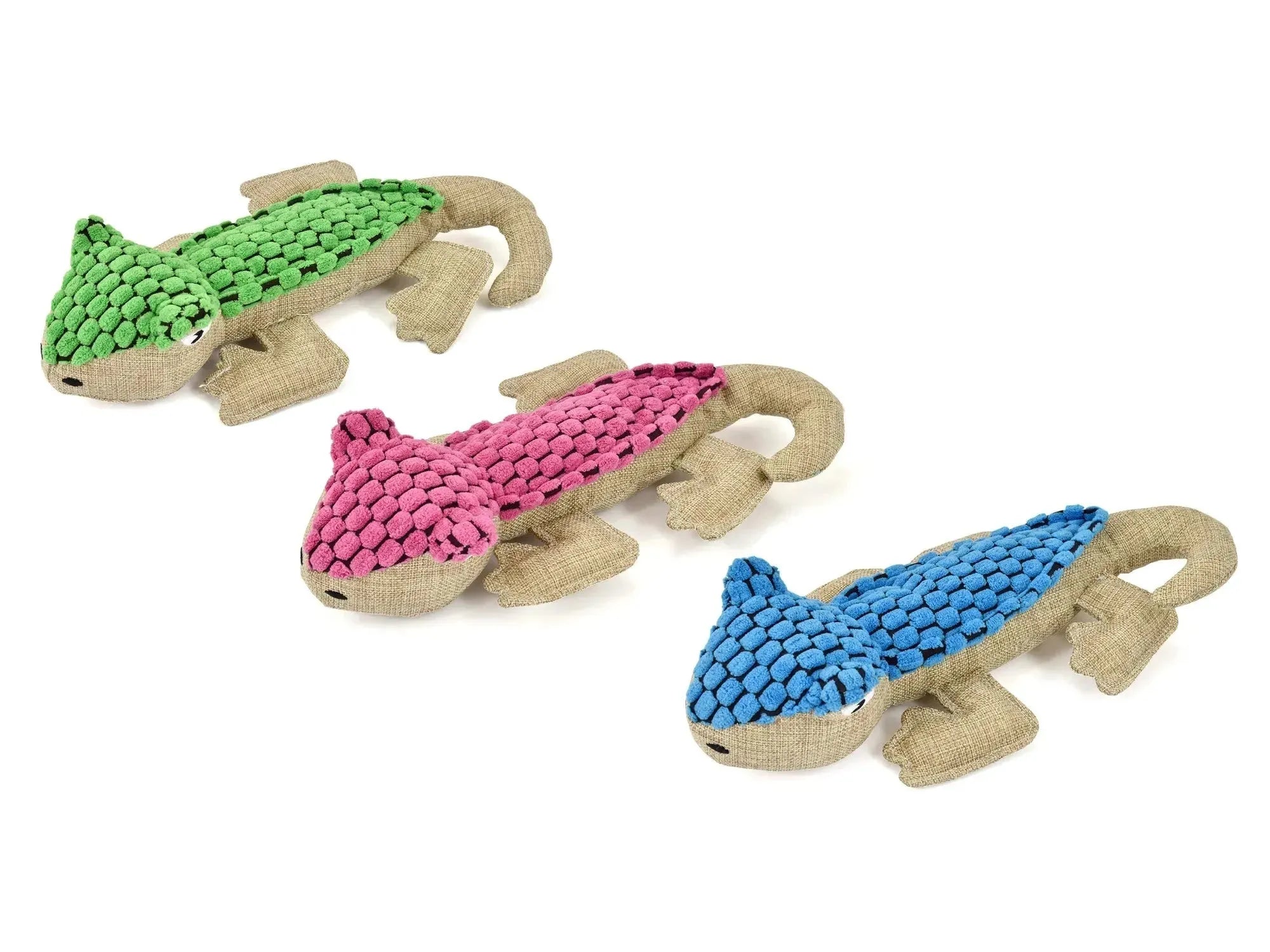 Tre Alberto Lizard hundeleker i plysj, 30 cm, i grønn, rosa og blå med teksturert rygg.