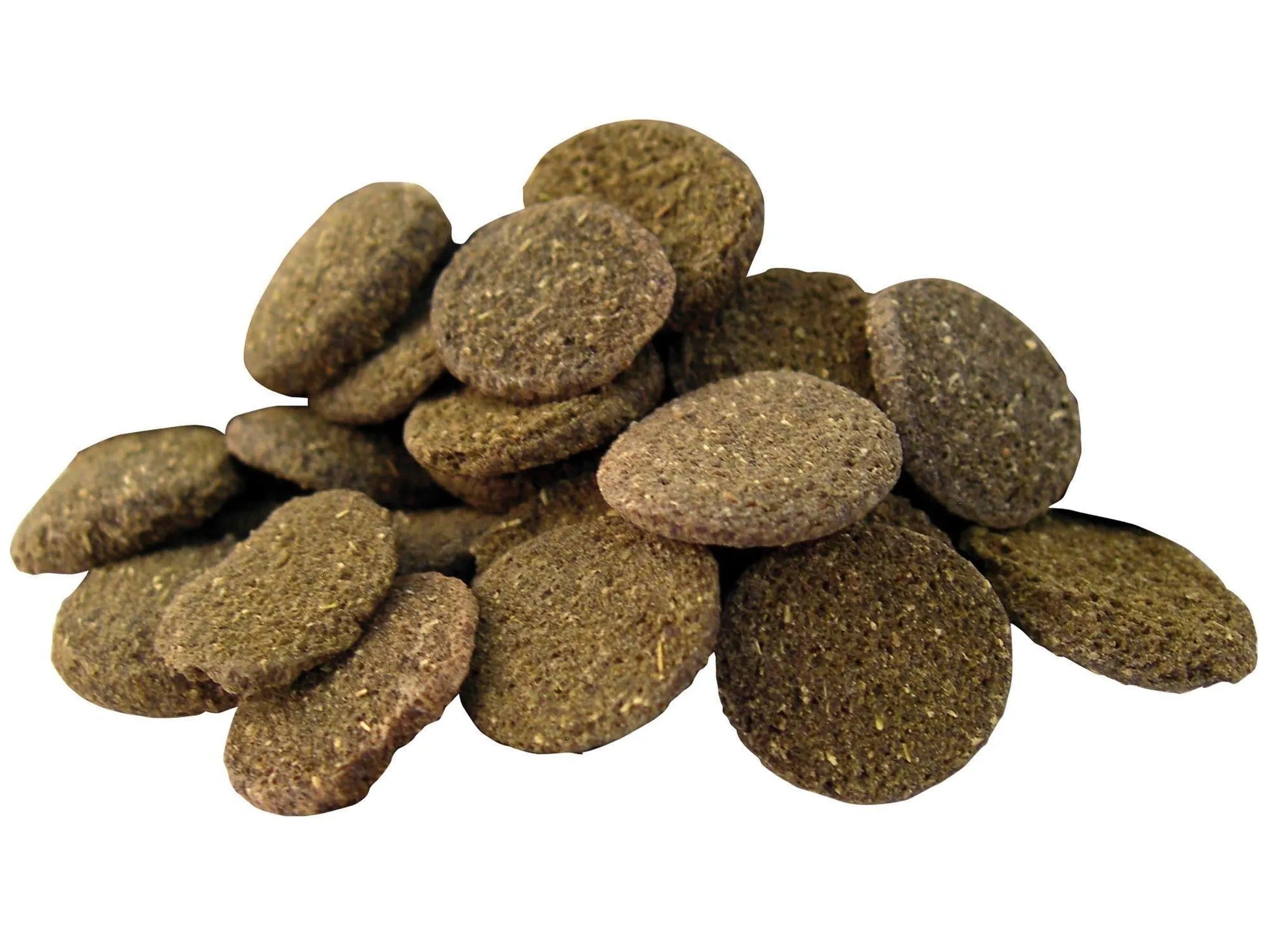 En haug med mørkegrønne, runde Prodac Algae Wafer tabletter for planteetende akvariefisk.