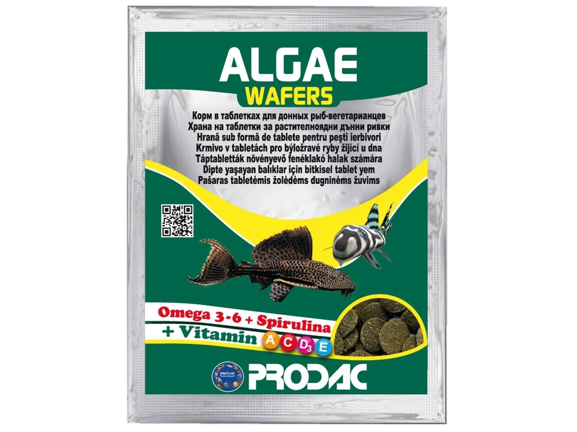 Prodac Algae Wafers fiskefôr i grønn og gul emballasje med bilder av fisk og mørke fôrtabletter.