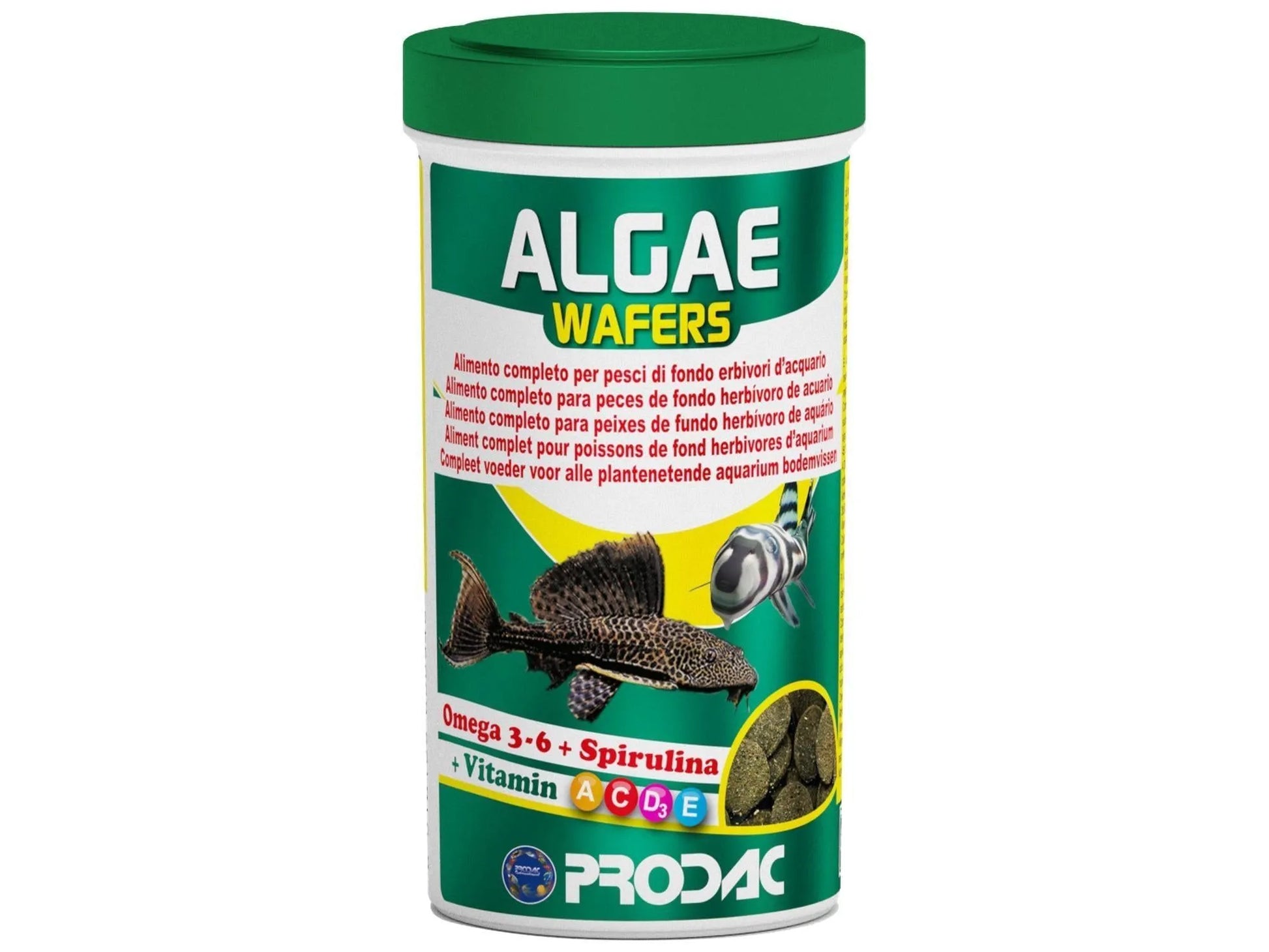 Prodac Algae Wafers fiskemat i grønn og hvit beholder med bilder av fisk og fôr.