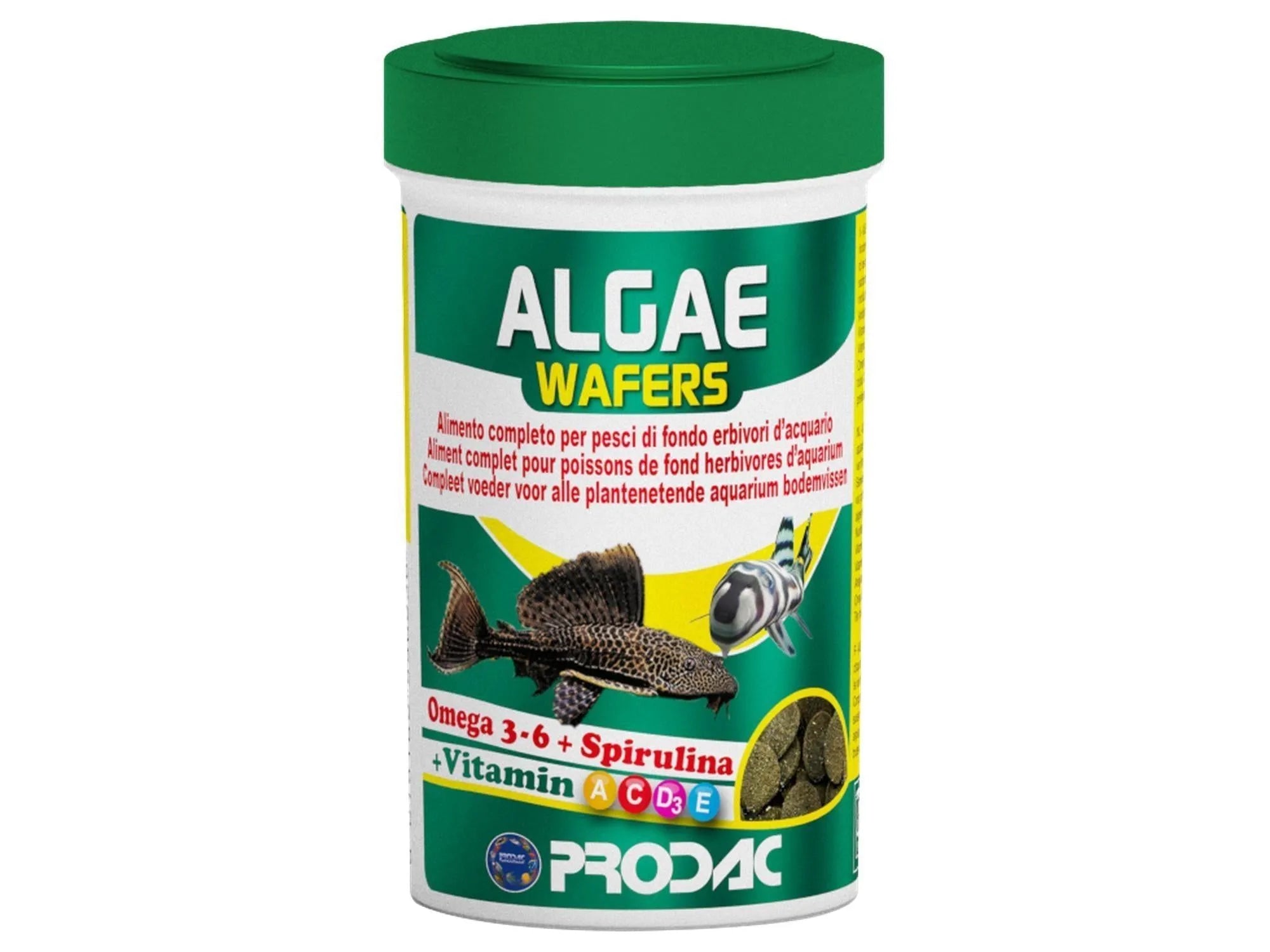Prodac Algae Wafers fiskefôr i en hvit beholder med grønt lokk, viser to akvariefisk og fôrpellets.