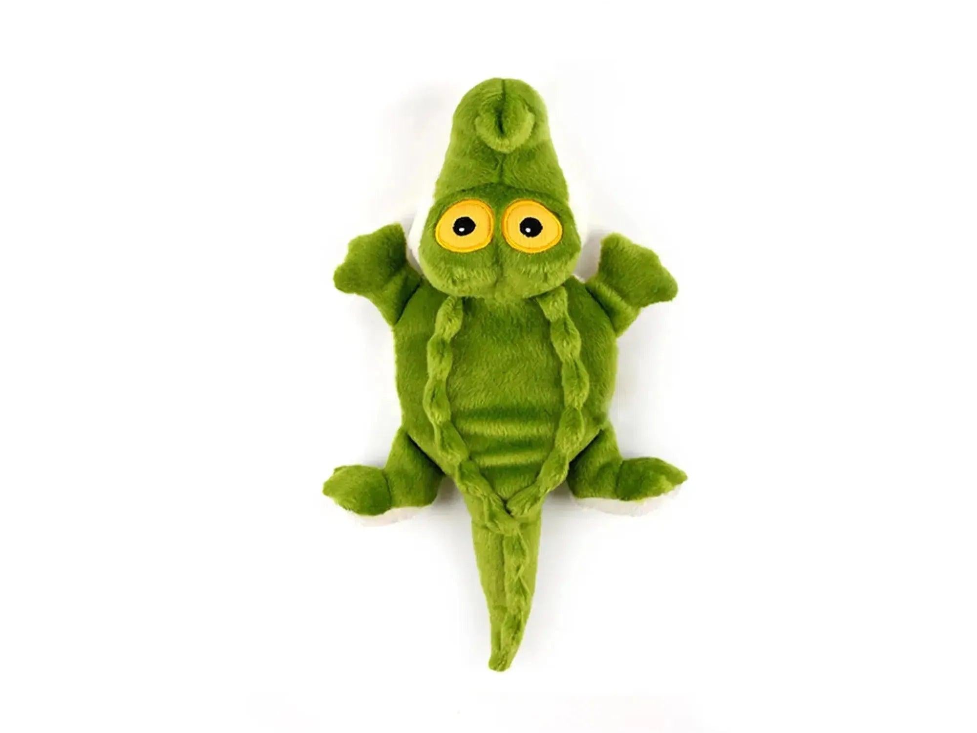 Grønn, myk All For Paws Ultrasonic Rave Gator hundeleke, 32,5 cm lang, med gule øyne.