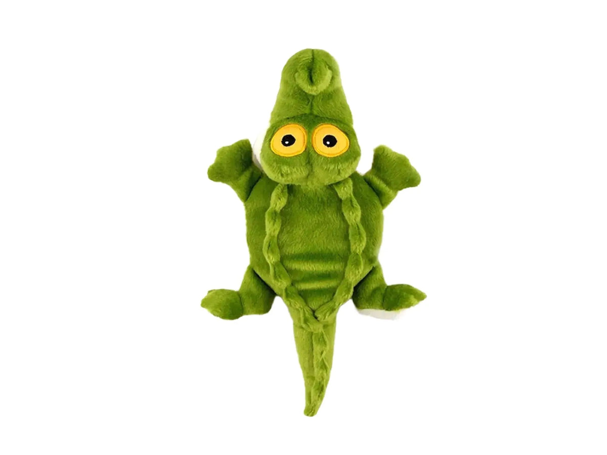 Grønn, myk All For Paws Ultrasonic Rave Gator hundeleke, 32,5 cm lang, med gule øyne.