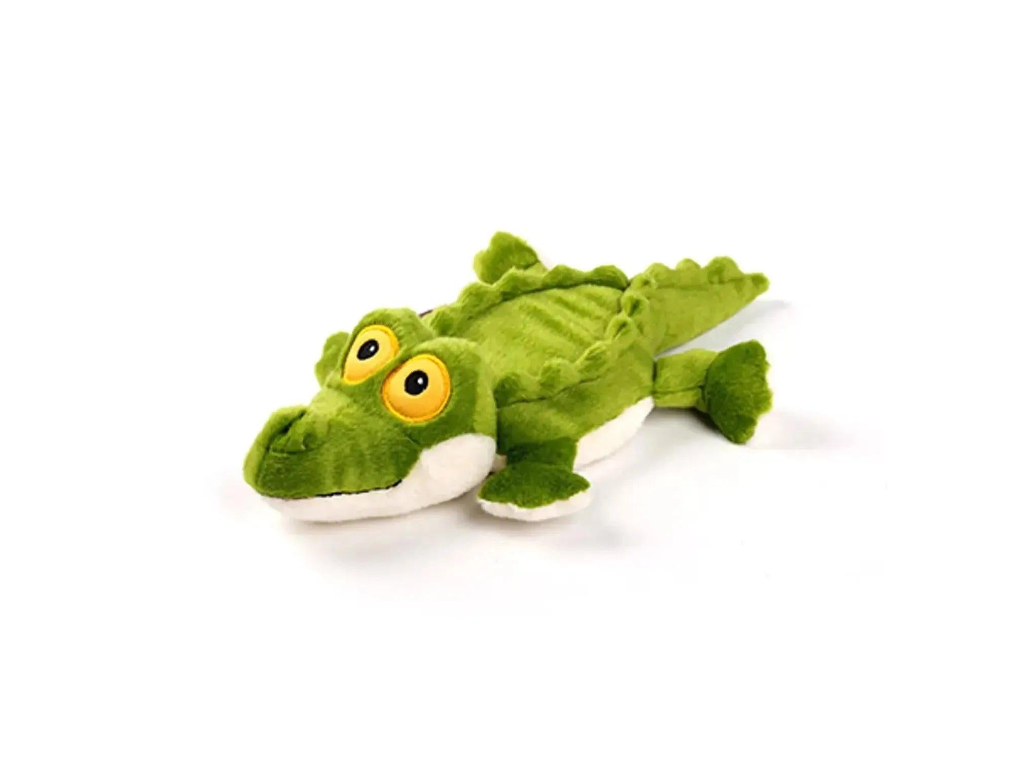 Grønn, myk alligator hundeleke med gule øyne og ultralydpipe, 32,5 cm lang.