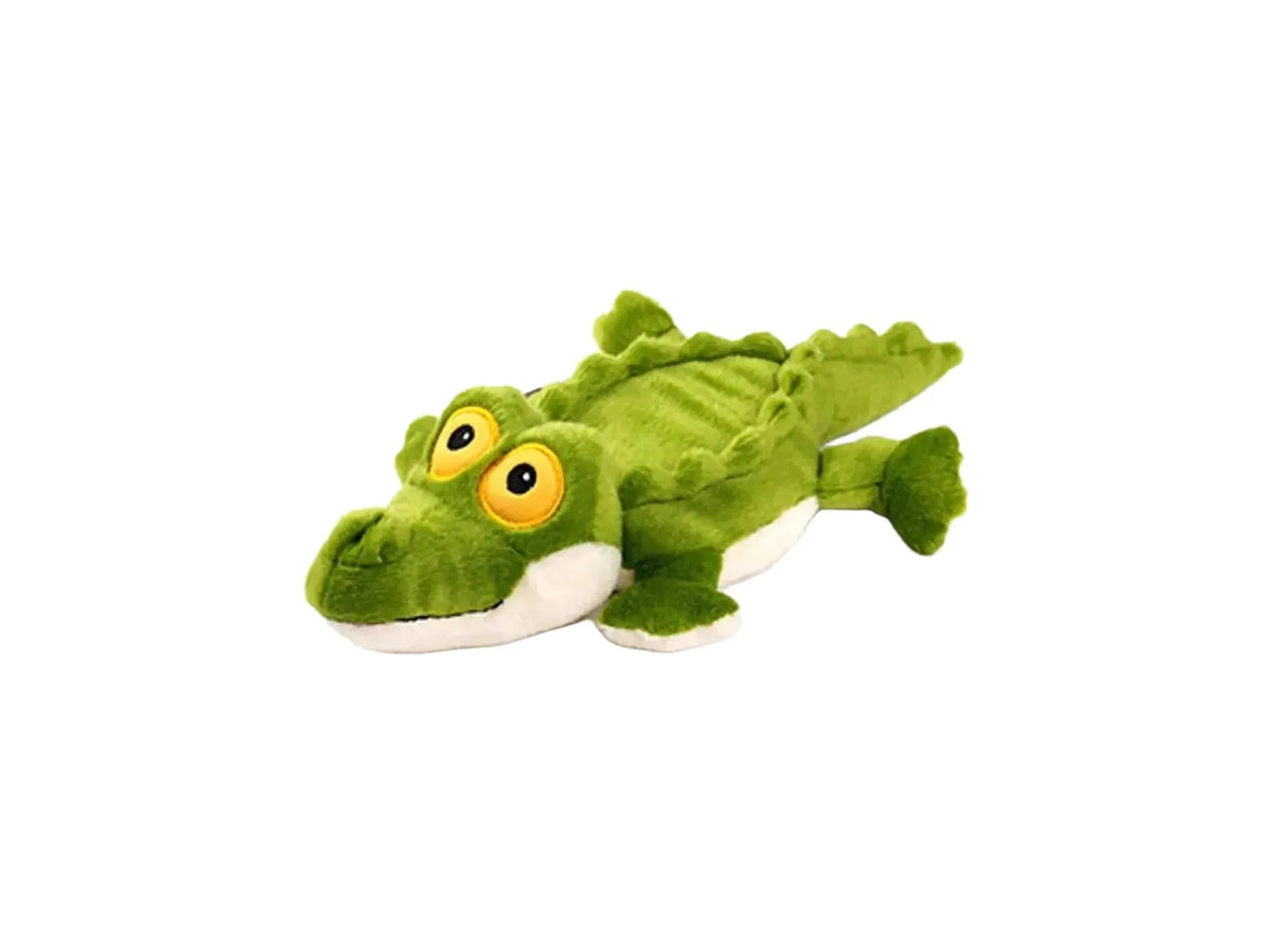 Grønn, myk alligator hundeleke med gule øyne og ultralydpipe, 32,5 cm lang.
