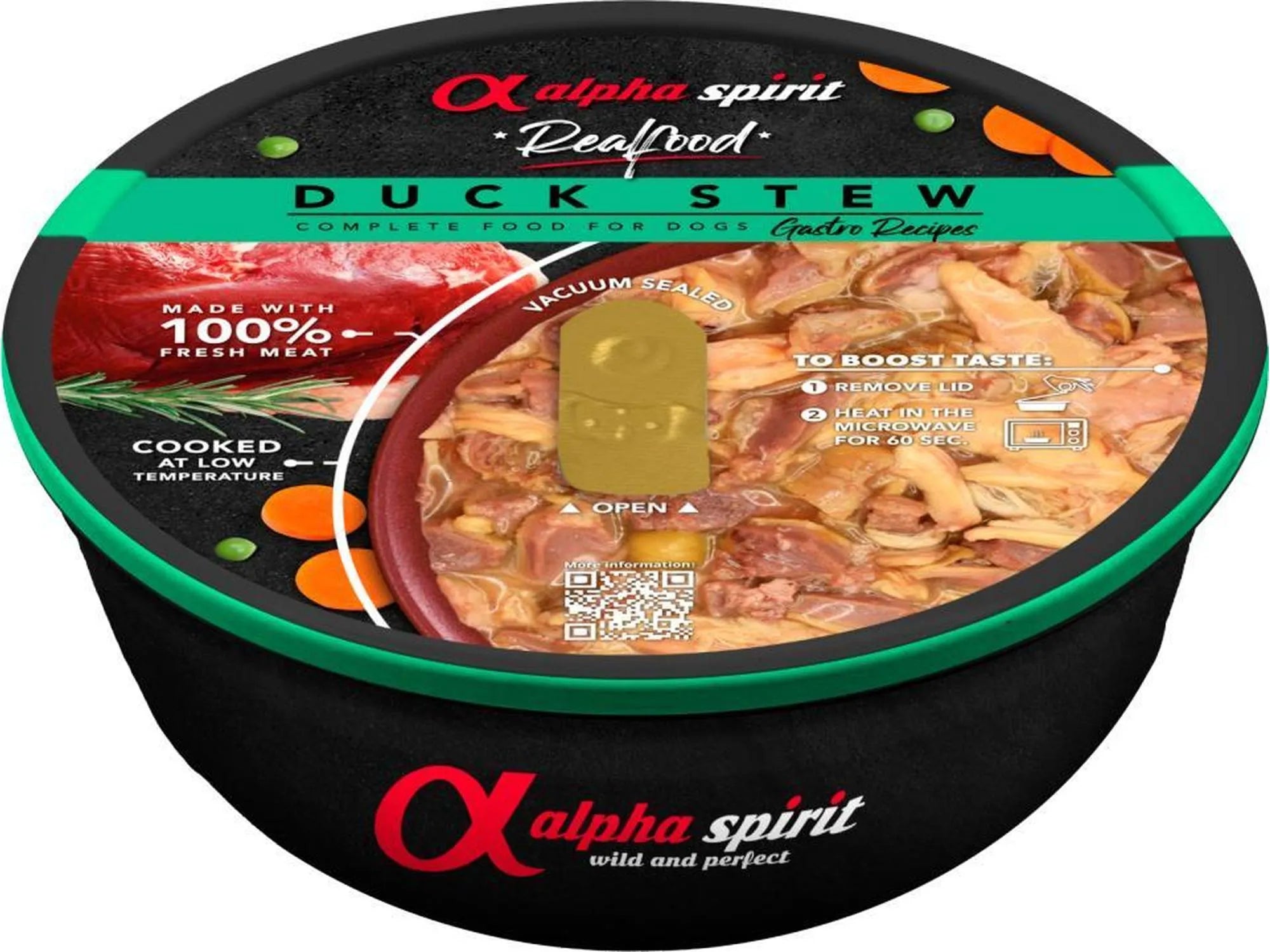 Alpha Spirit Real Food Duck Stew våtfôr for hund i svart og grønn mikrobølgeovn-sikker skål.