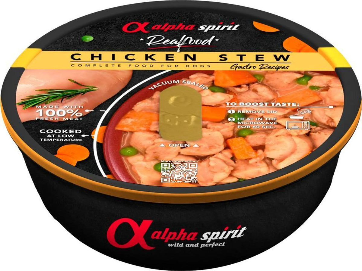 Alpha Spirit Real Food Kylling Stew våtfôr for hund, 280g, med 97% fersk kylling og grønnsaker.