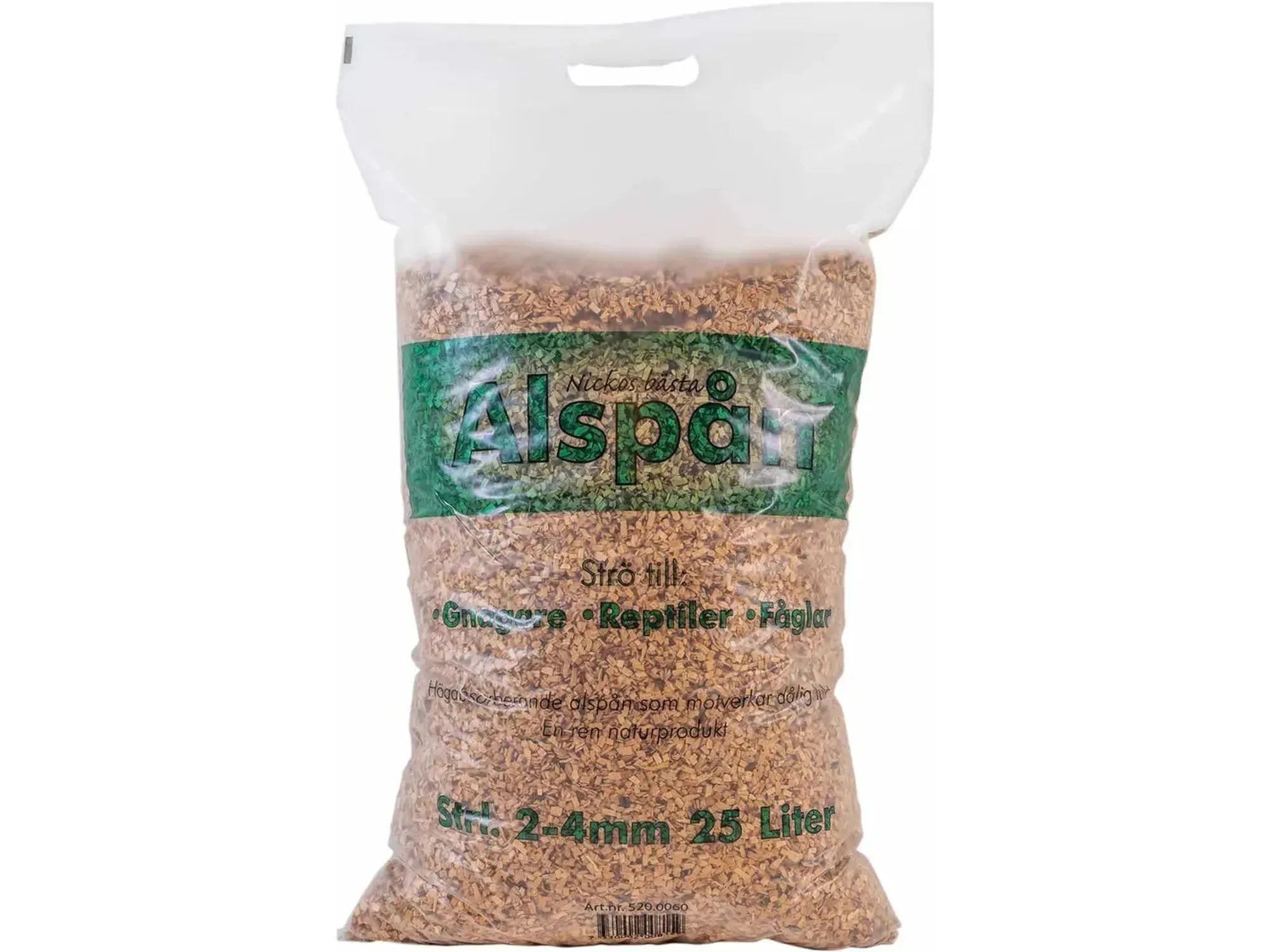Stor, gjennomsiktig pose med 25 liter naturlig Alspån strø (2-4mm) for gnagere, reptiler og fugler.