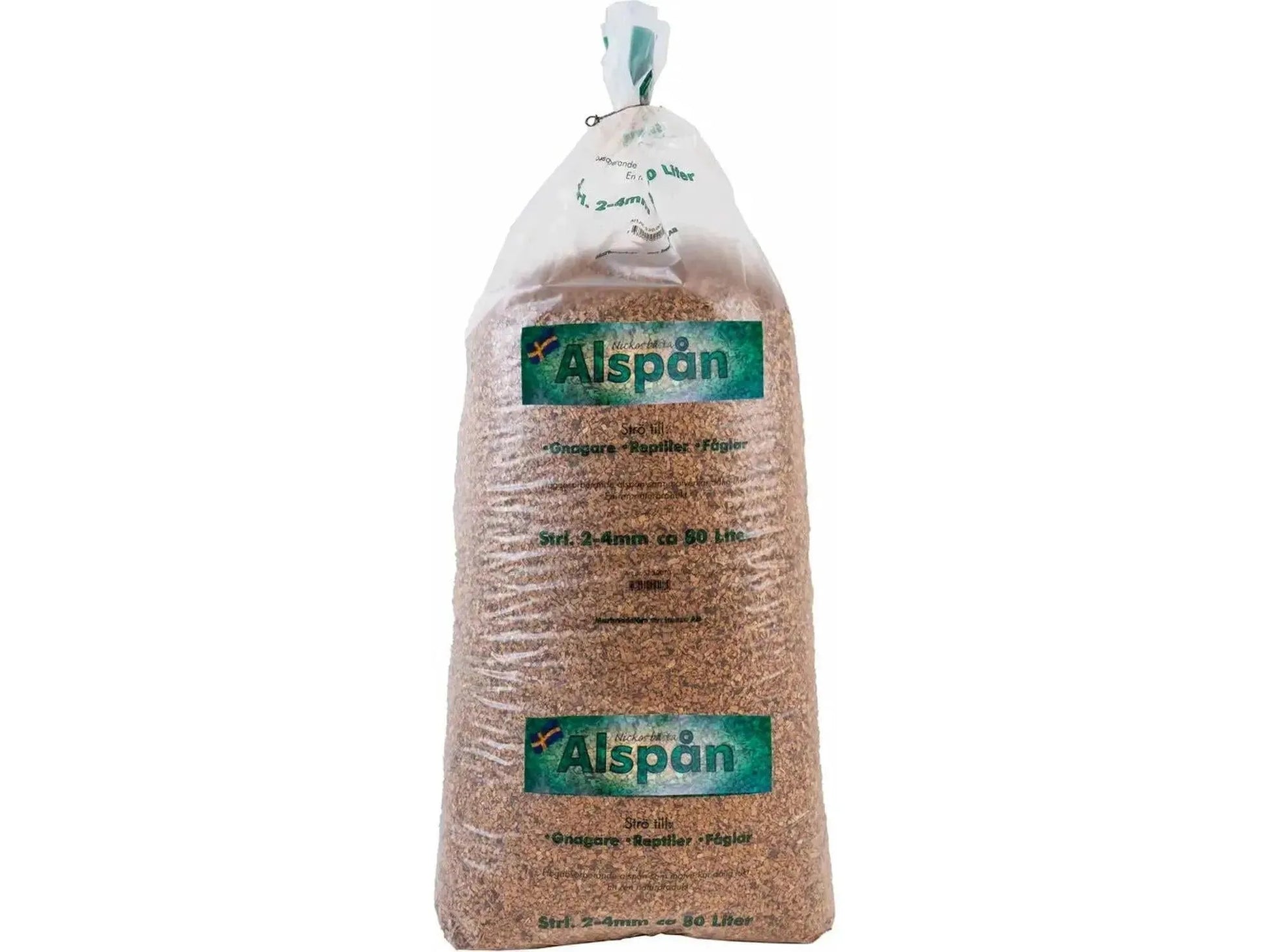 Stor, gjennomsiktig pose med 80 liter Alspån 2-4mm naturlig alflis for gnagere, reptiler og fugler.