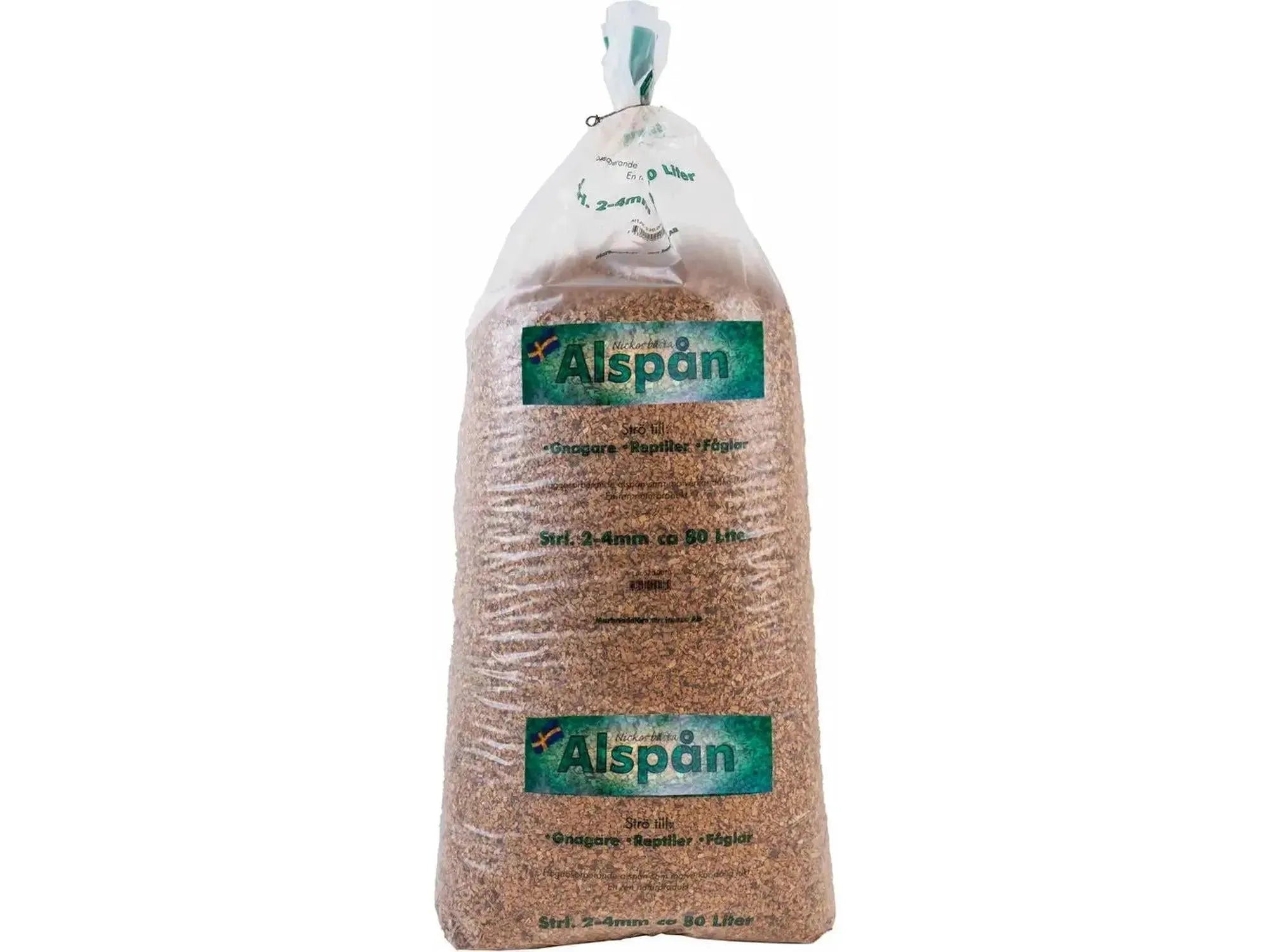 Stor, gjennomsiktig pose med 80 liter Alspån 2-4mm naturlig alflis for gnagere, reptiler og fugler.