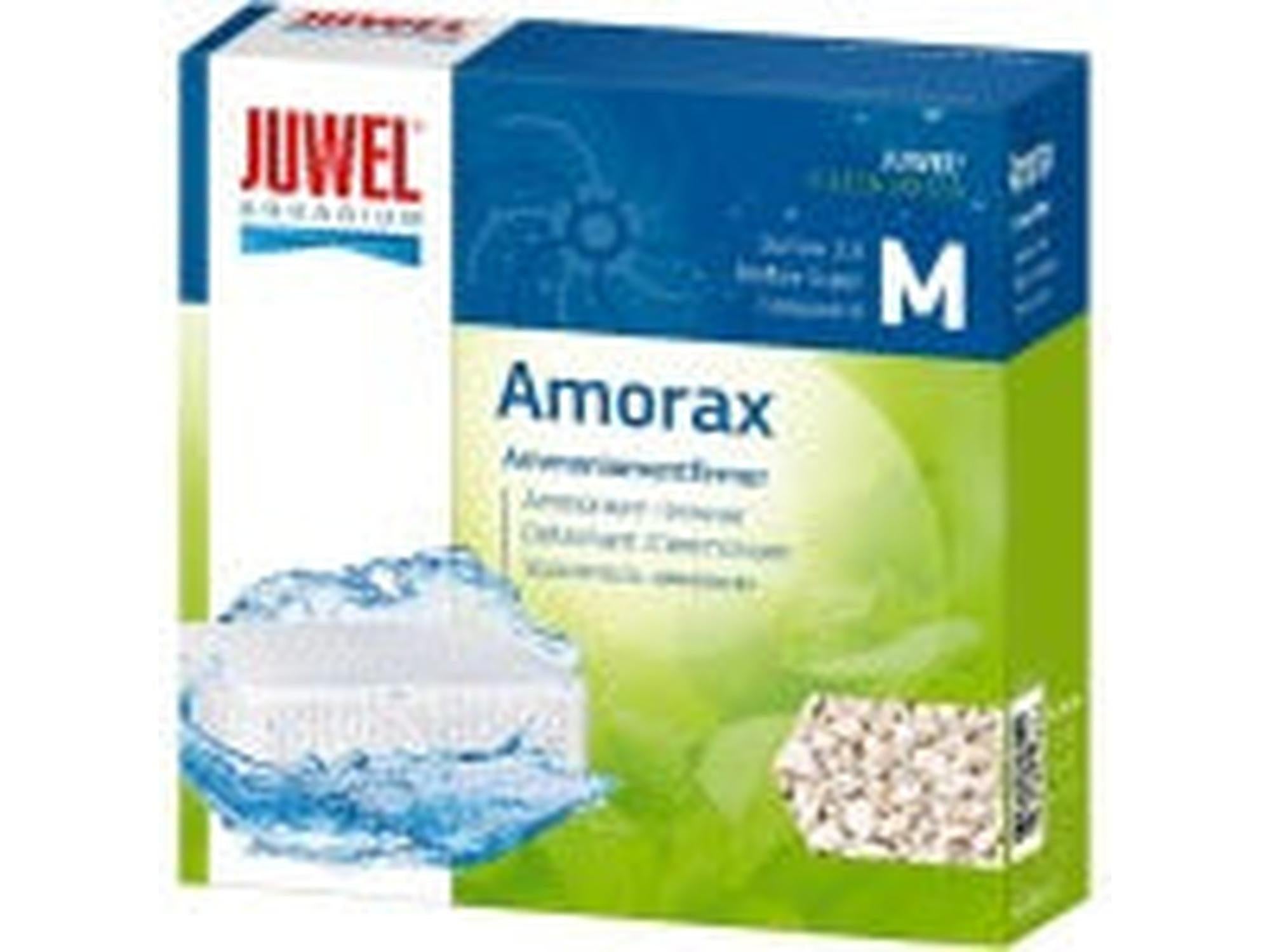 Juwel Amorax Amonium Remover M filtermedium i blå og grønn eske med hvite zeolittkorn.