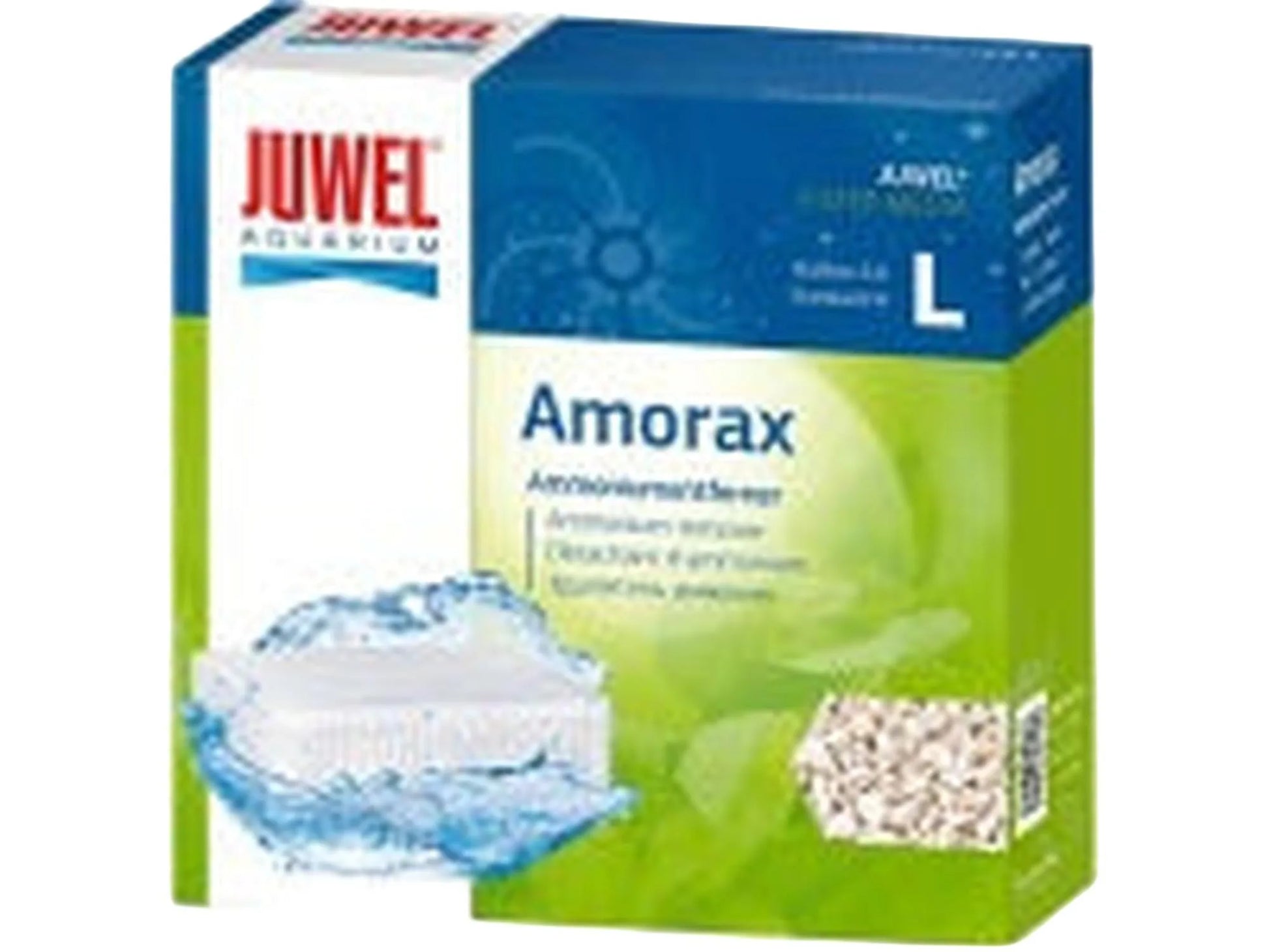 Juwel Amorax Amonium Remover L filtermedium i blå og grønn eske med vann og zeolitt.