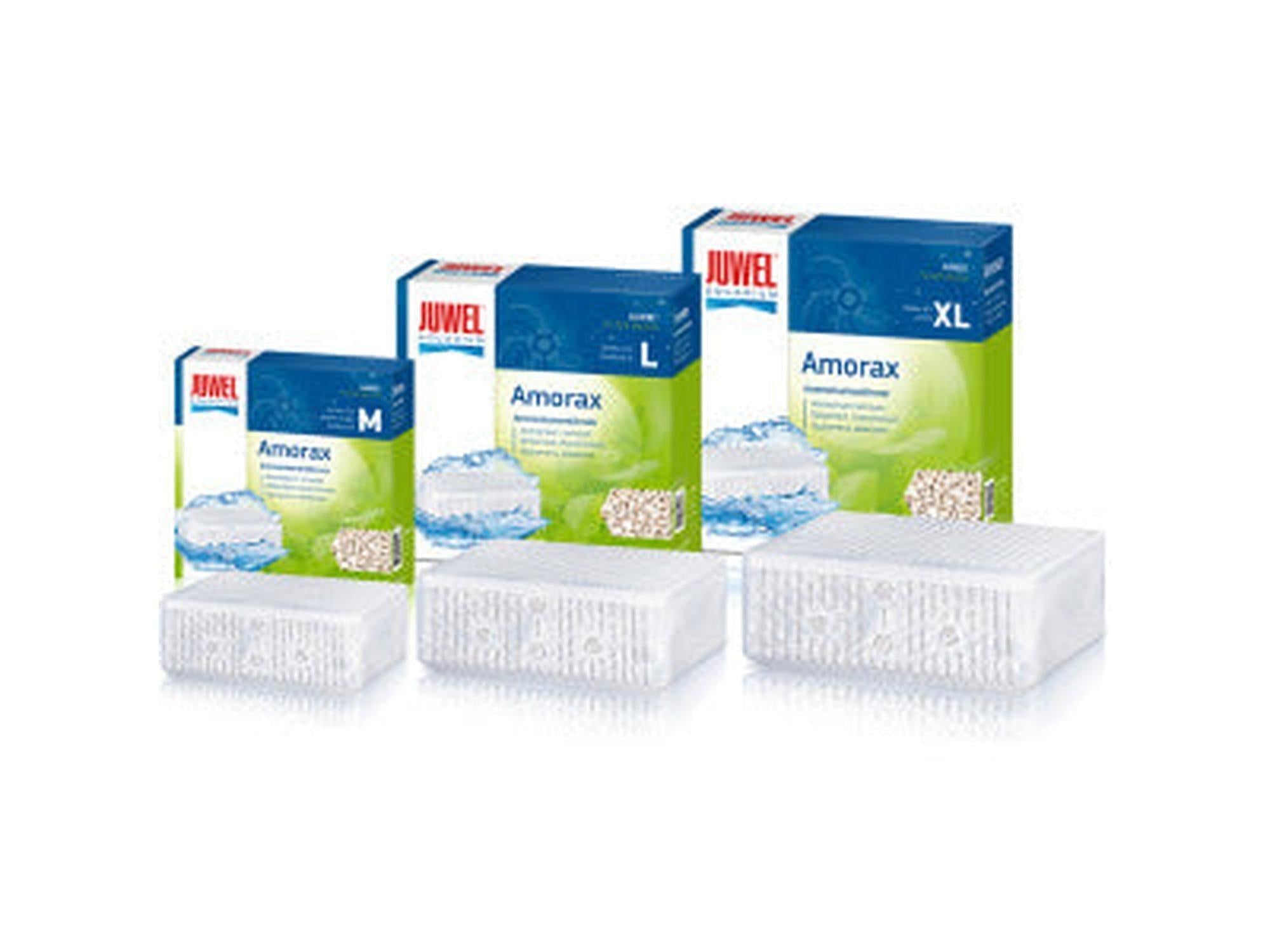 Juwel Amorax ammonium remover filter media in M, L, and XL sizes, with white filter pads and blue/green packaging.