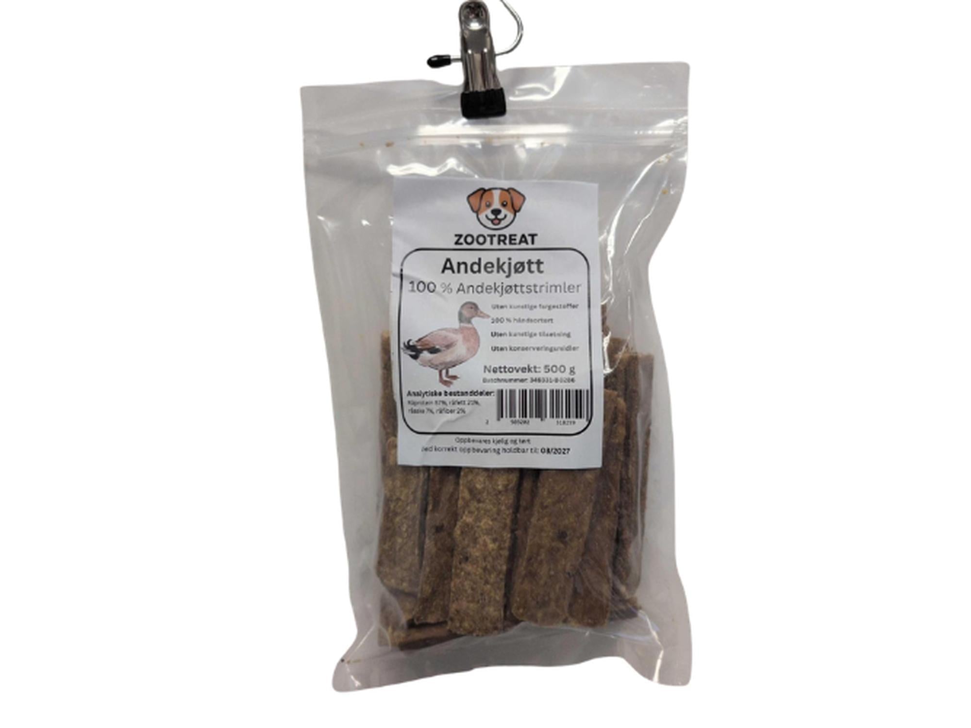 Zootreat andekjøttstrimler i en gjennomsiktig pose med hvit etikett, 500g.
